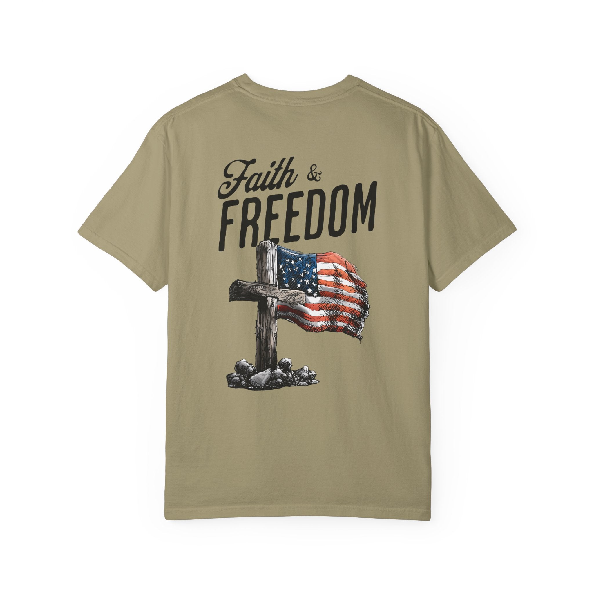 Khaki t-shirt with 'Faith & Freedom' text and cross with American flag design on a white background