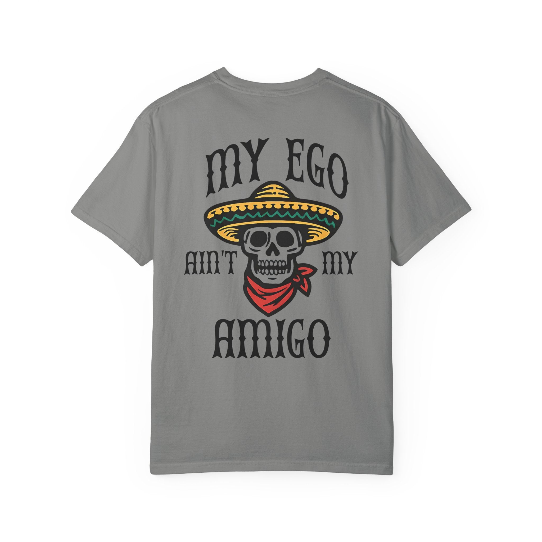 Gray t-shirt with skull graphic and text on a white background