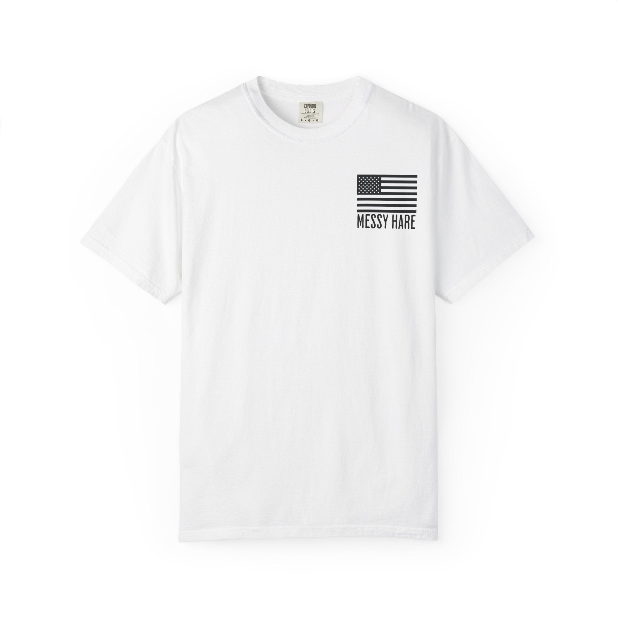 White t-shirt with black flag design and text on a white background