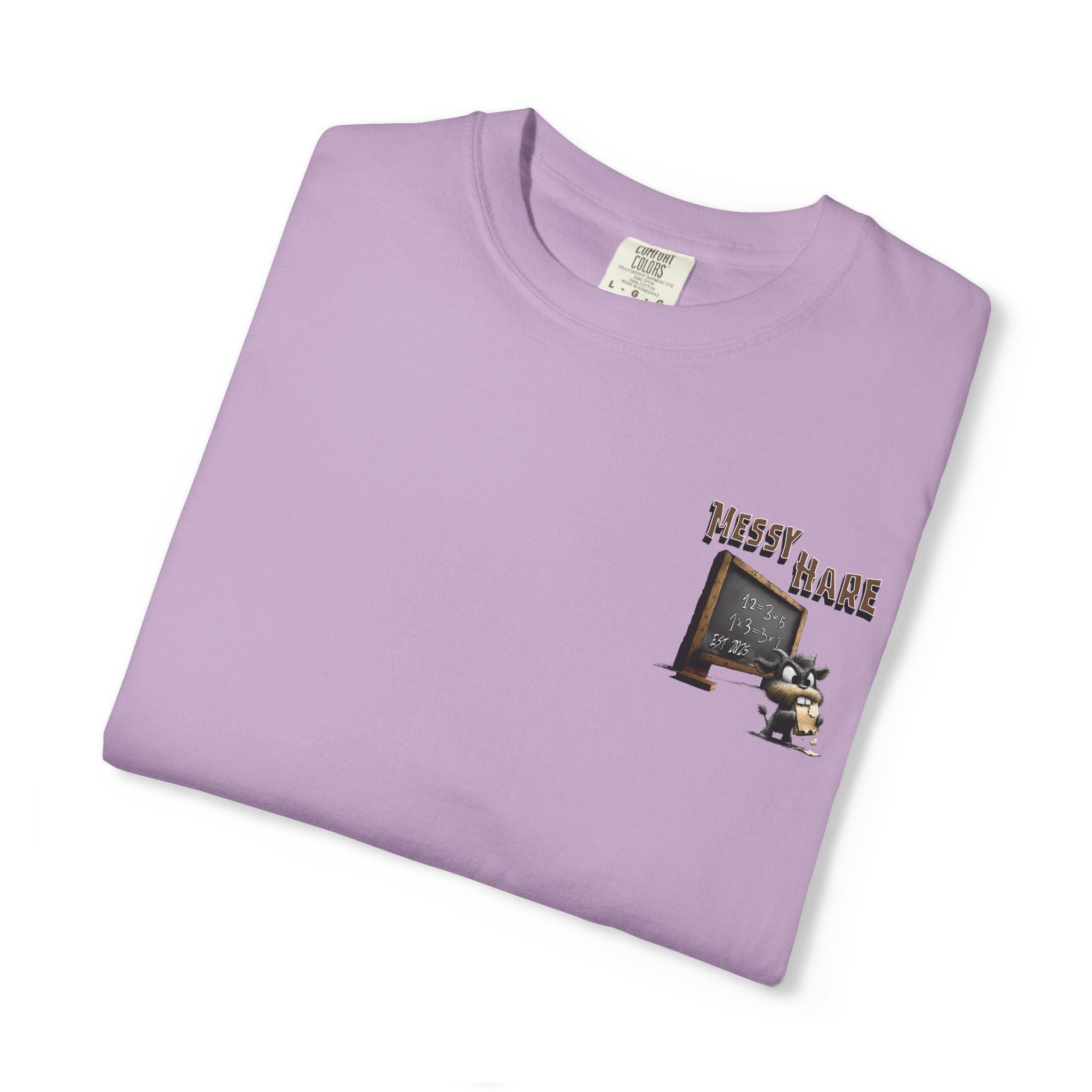 Folded purple t-shirt with graphic design on a white background