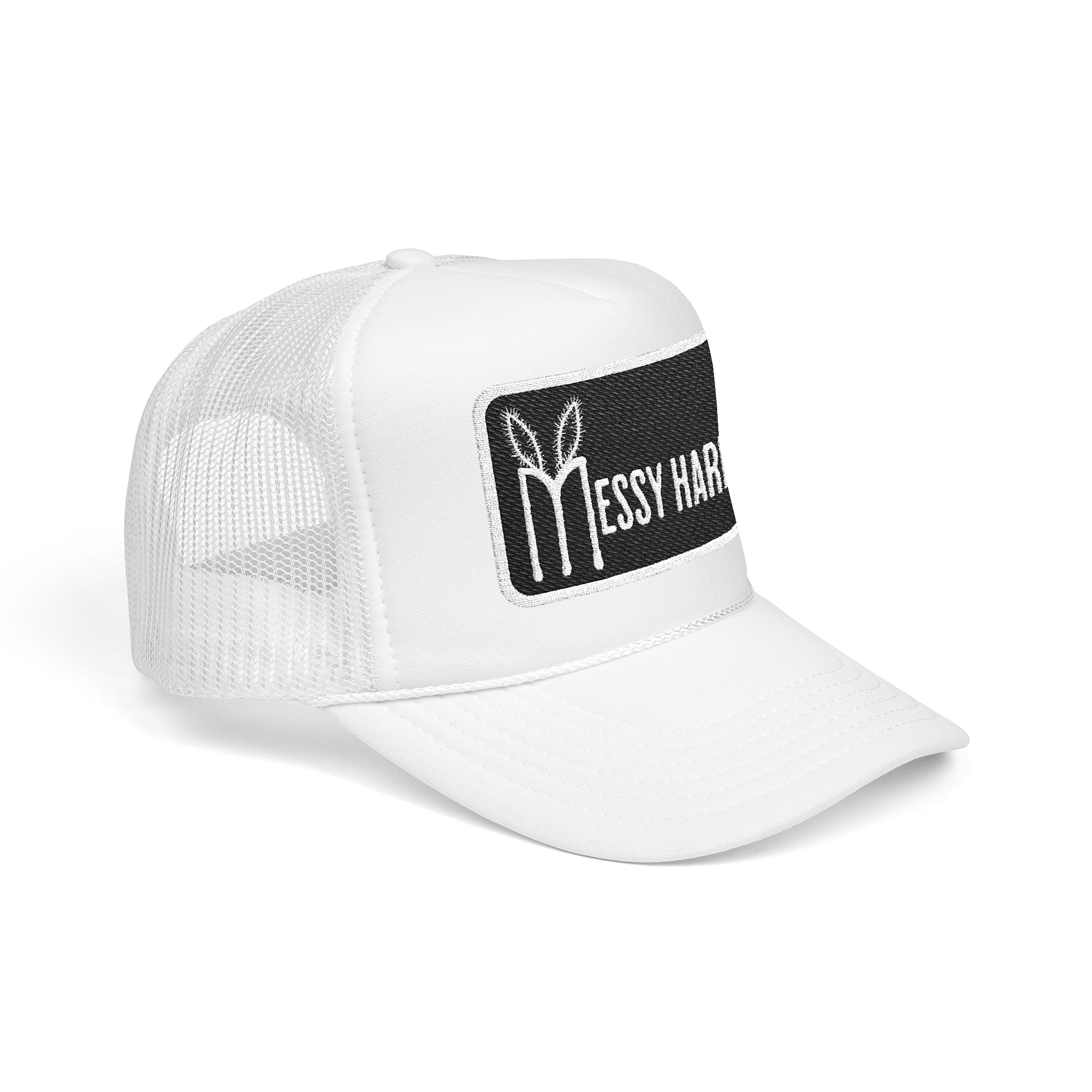White trucker cap with a black patch featuring 'Messy Hair' text on a white background