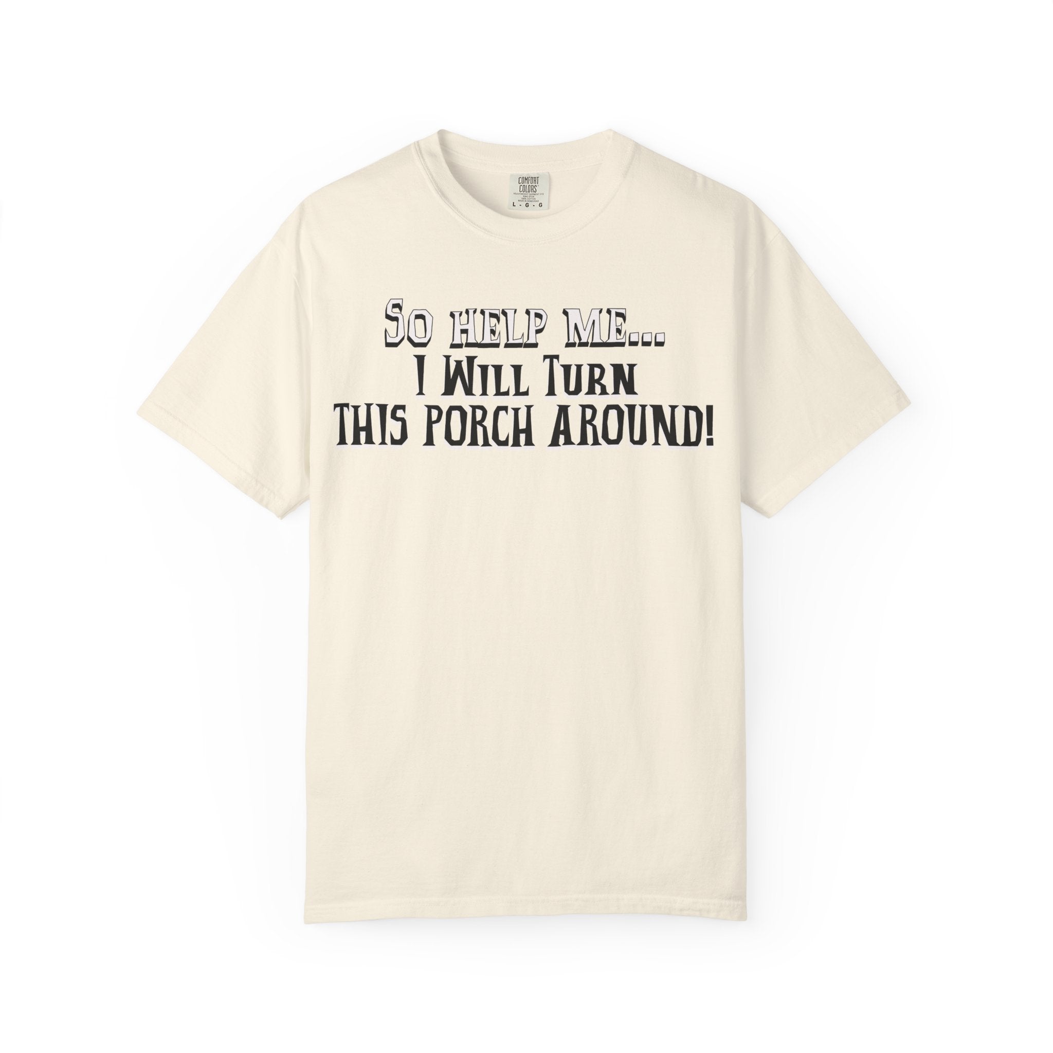 Beige t-shirt with humorous text design on a white background