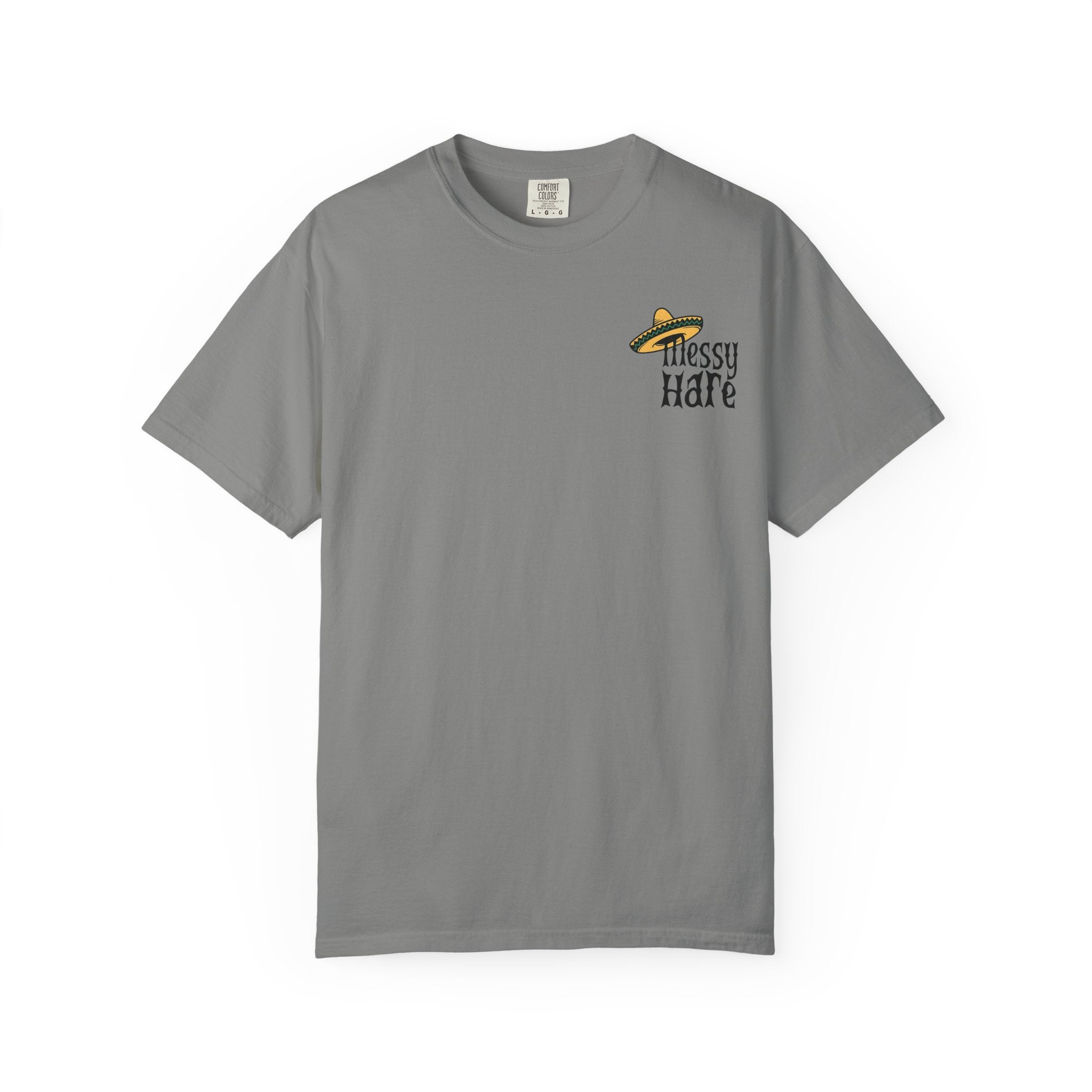 Gray t-shirt with a logo and text on a white background