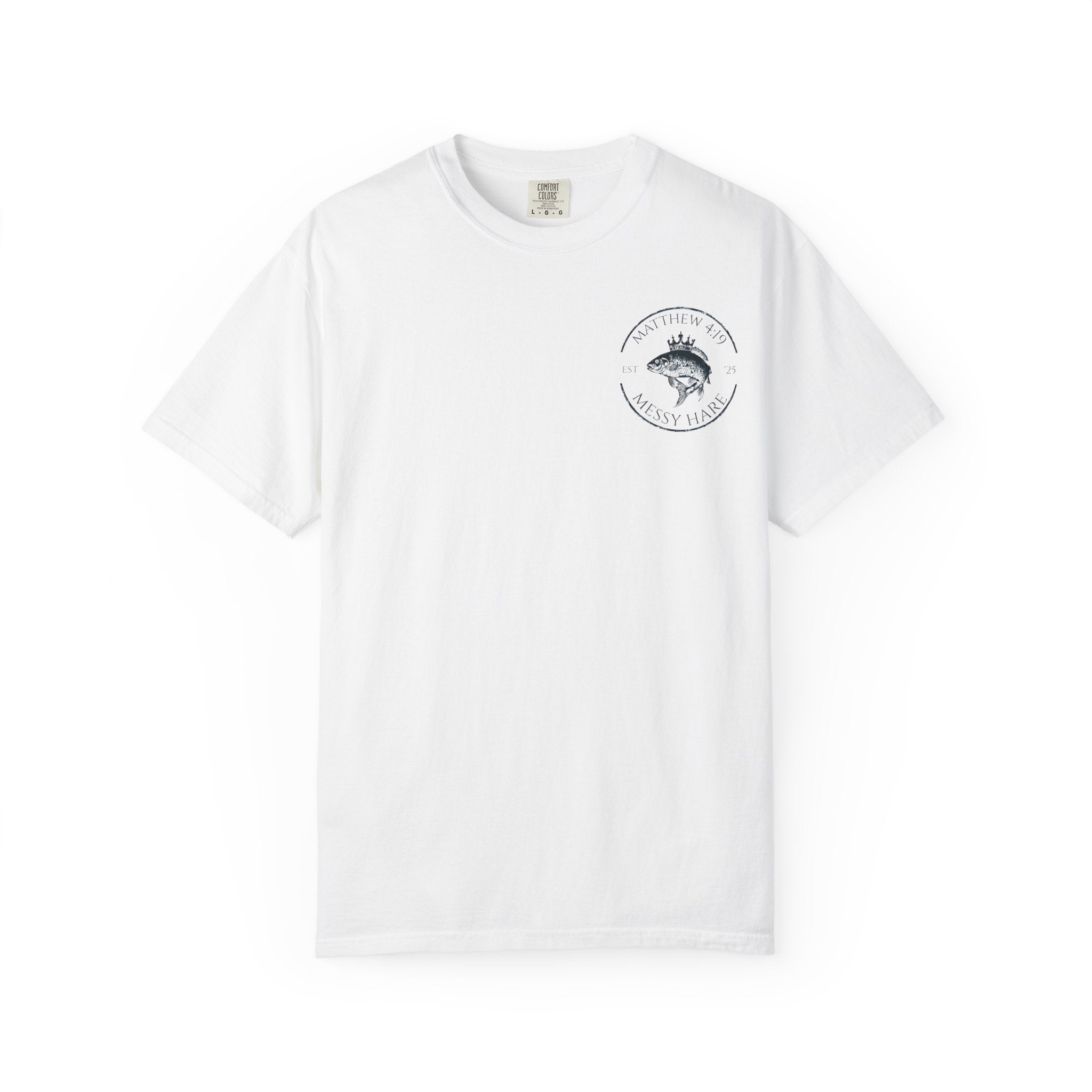 White t-shirt with a logo on a white background