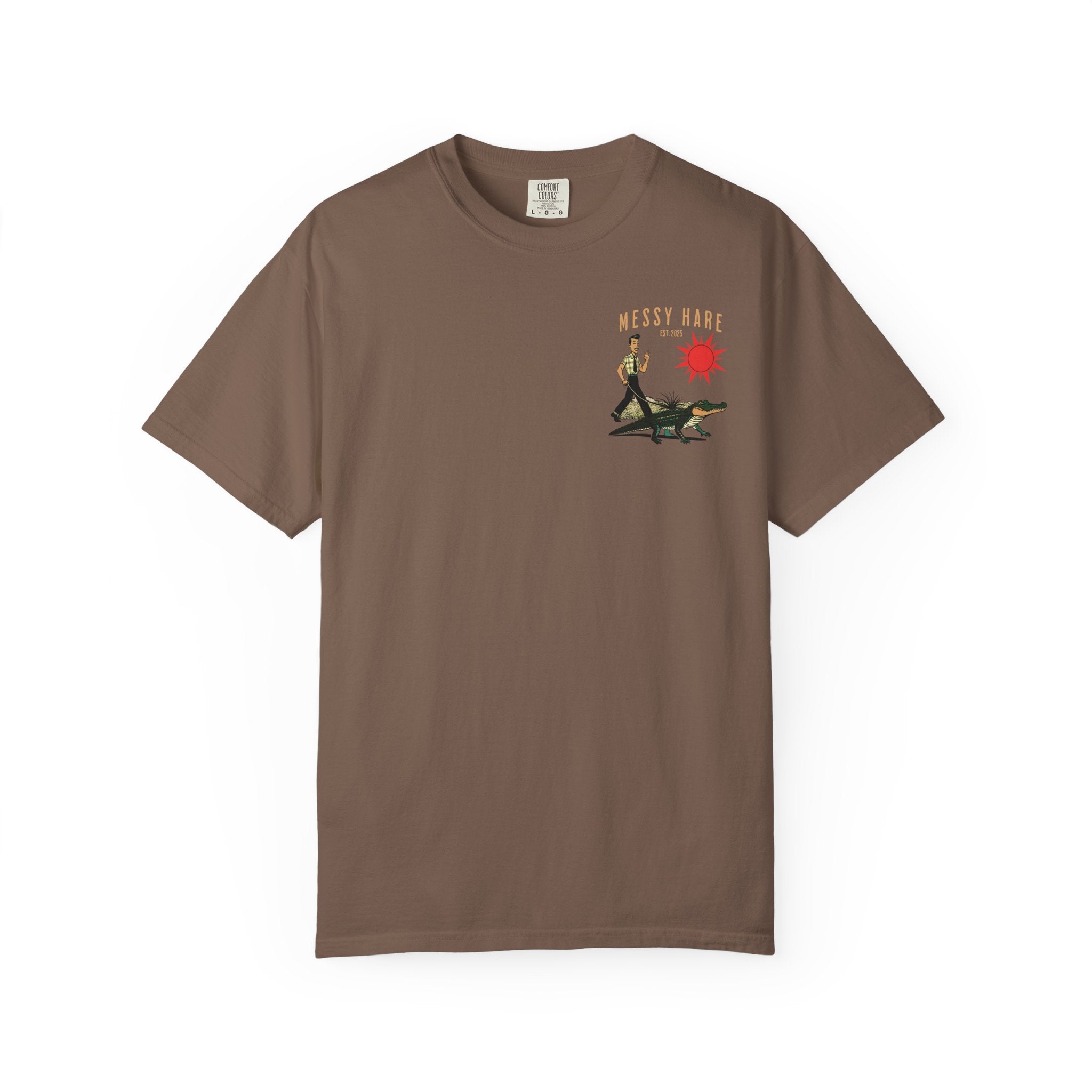 Brown t-shirt with graphic design on a white background