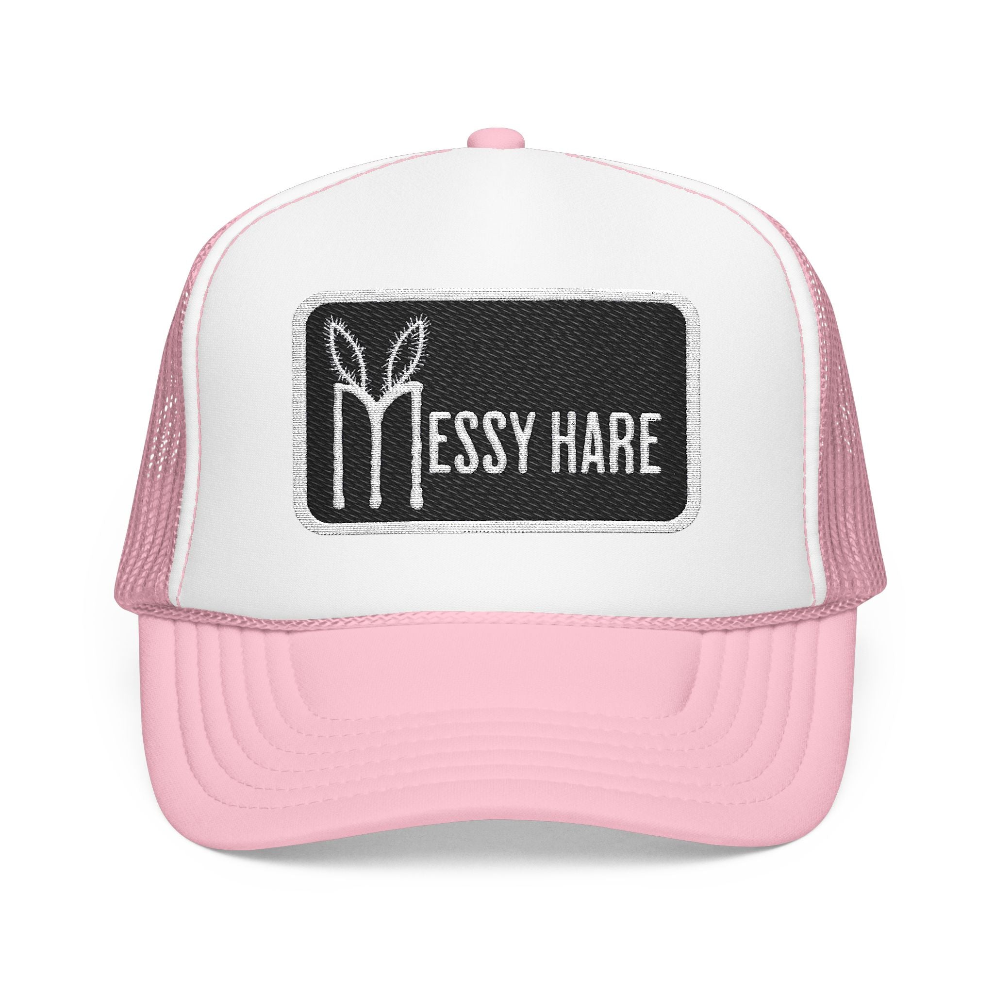 Pink and white cap with 'Messy Hare' logo on a white background