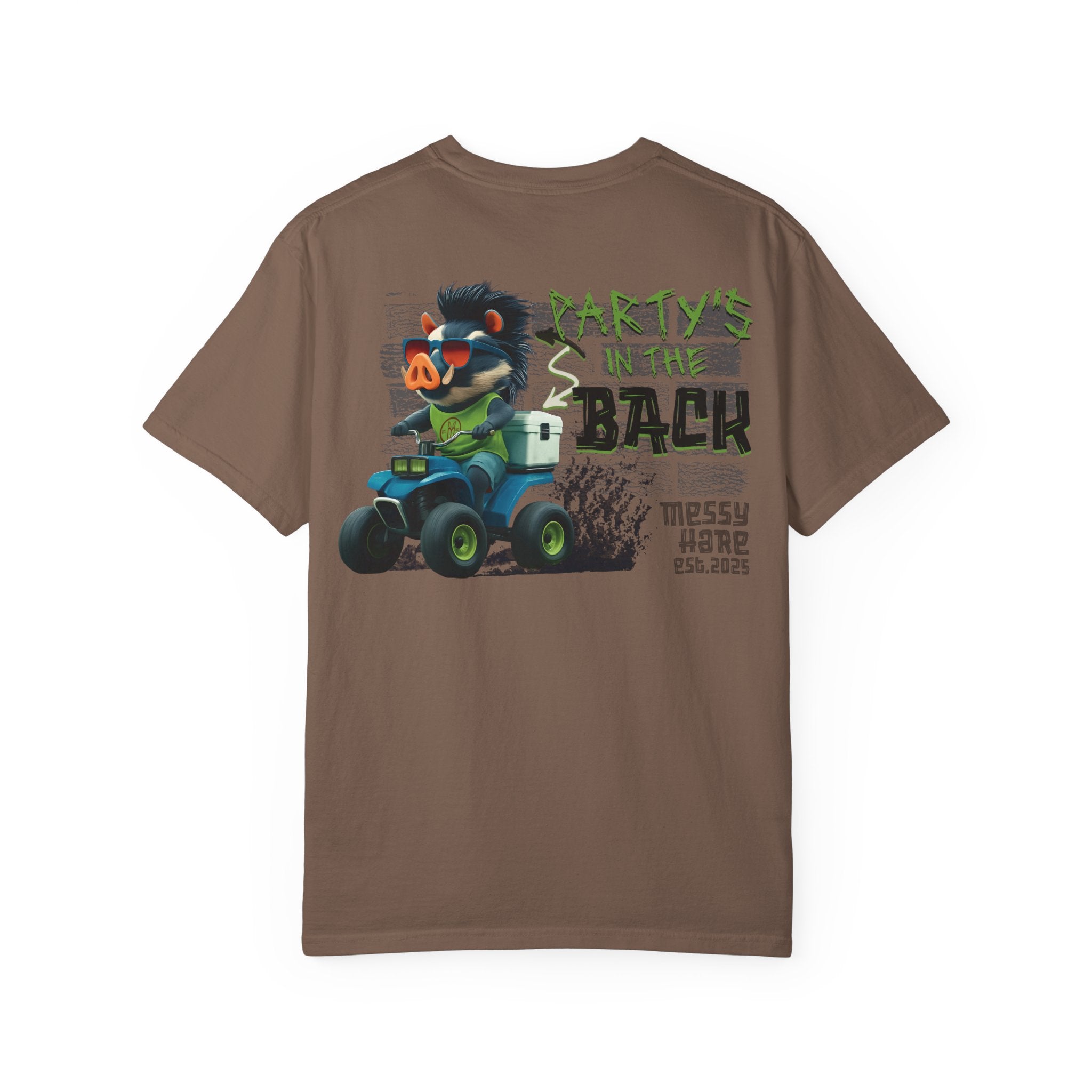 Brown t-shirt with a graphic of a bear driving a truck and text 'PARTY'S IN THE BACK' on the back, on a white background.
