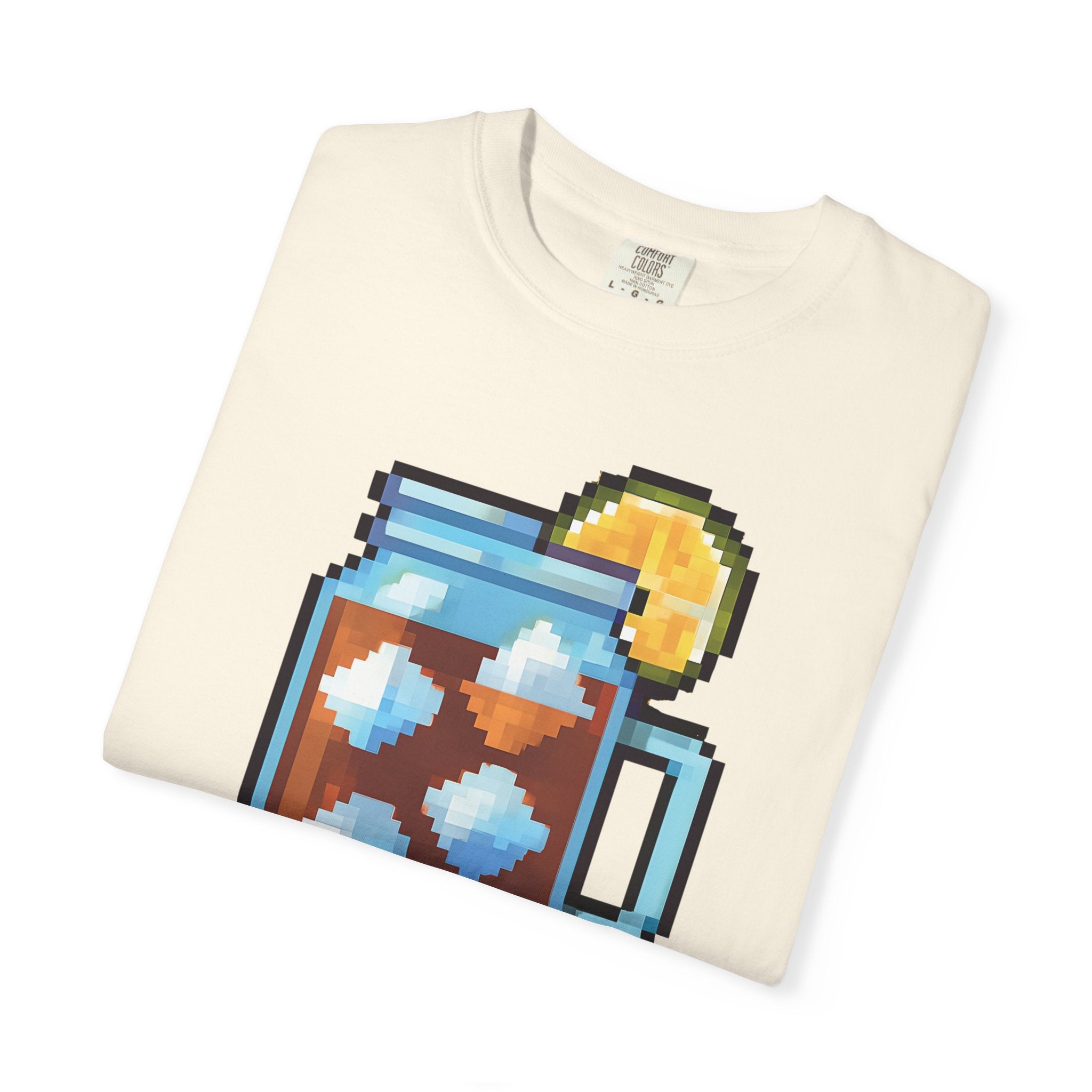 Folded t-shirt with pixel art design on a white background