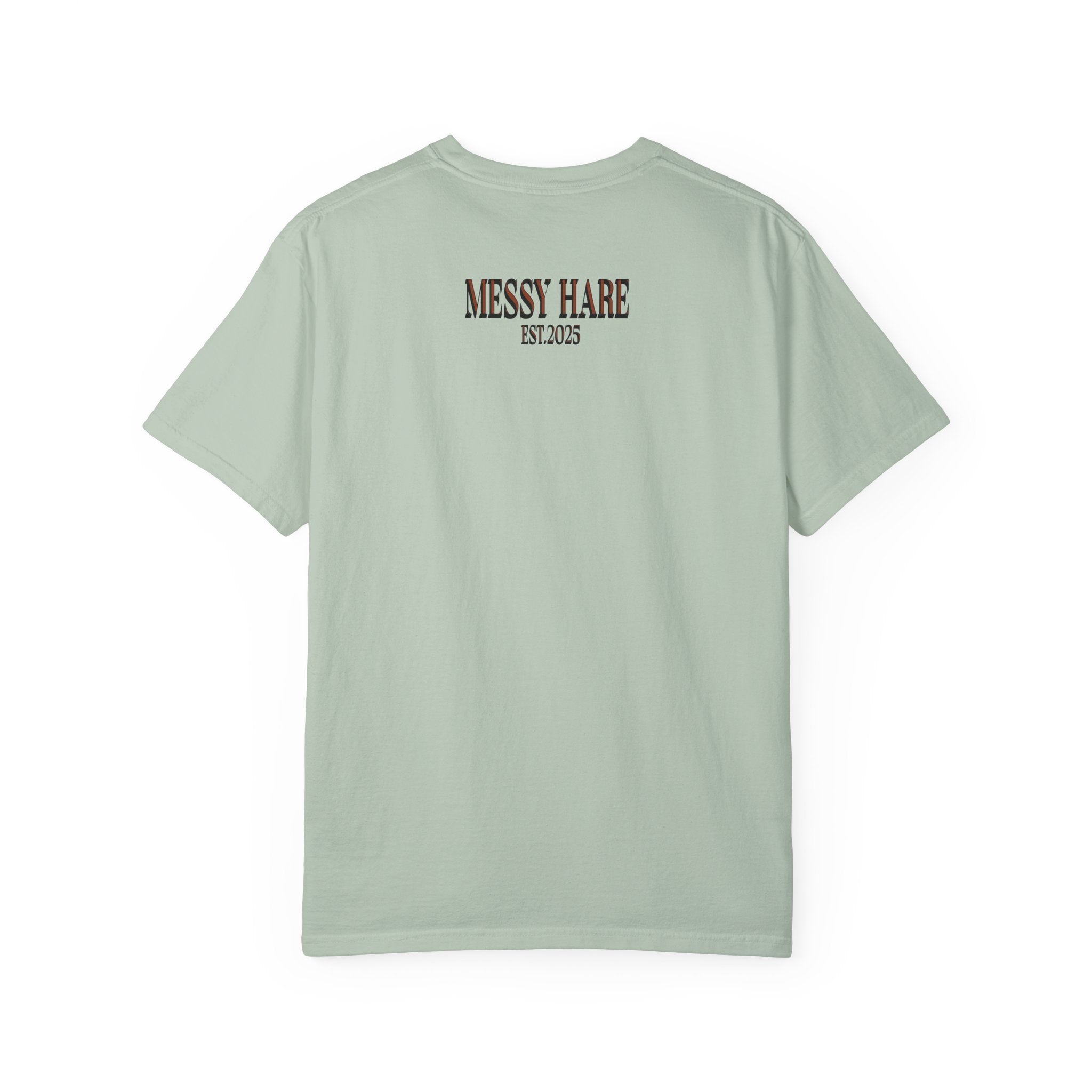 Light green t-shirt with 'Messy Hare' logo on the back against a white background