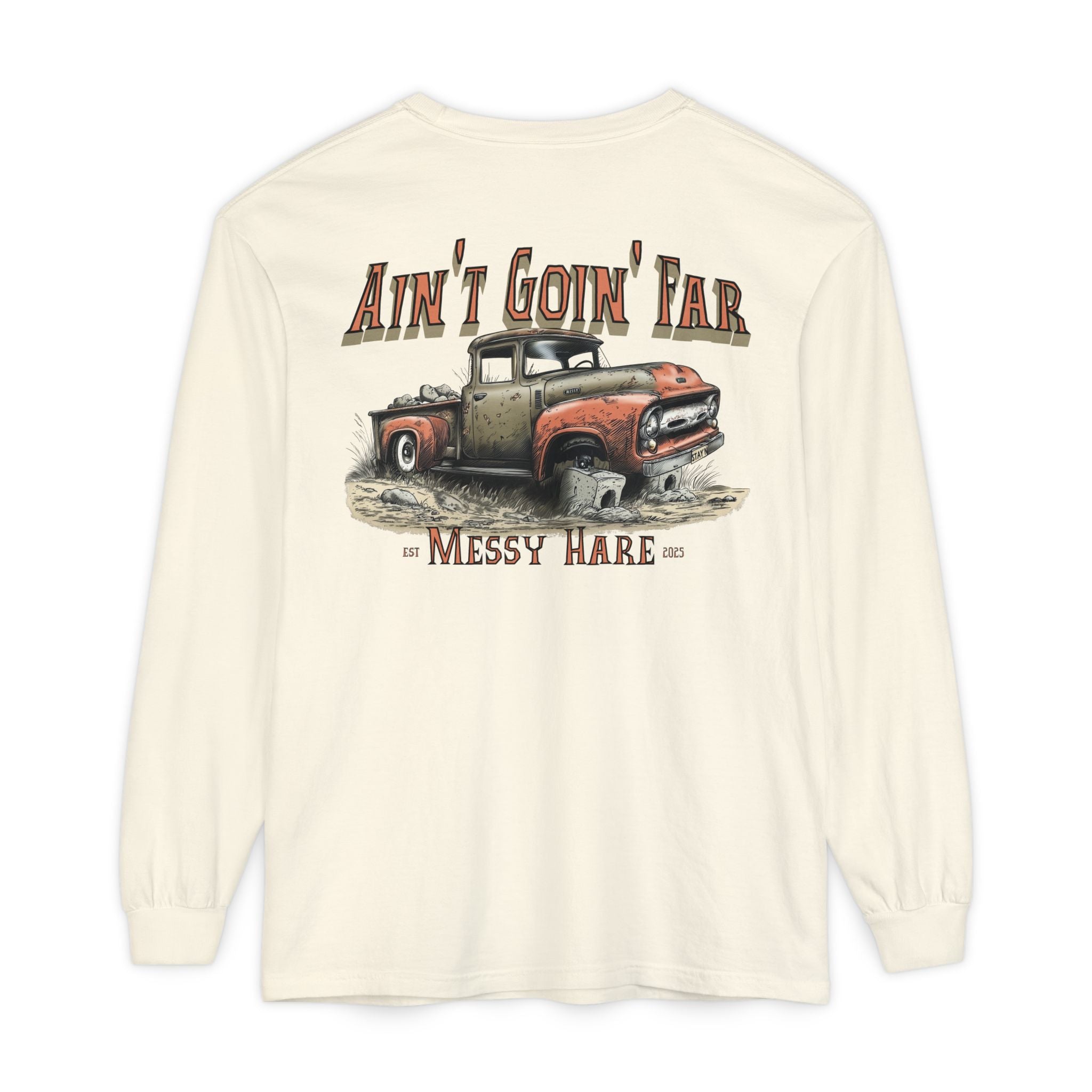 Long-sleeve shirt with a graphic of an old truck and text on a white background