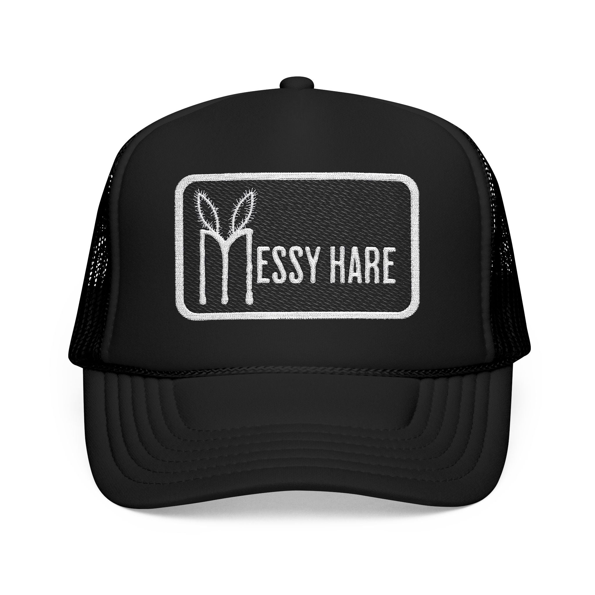 Black trucker hat with 'Messy Hare' logo on a white background