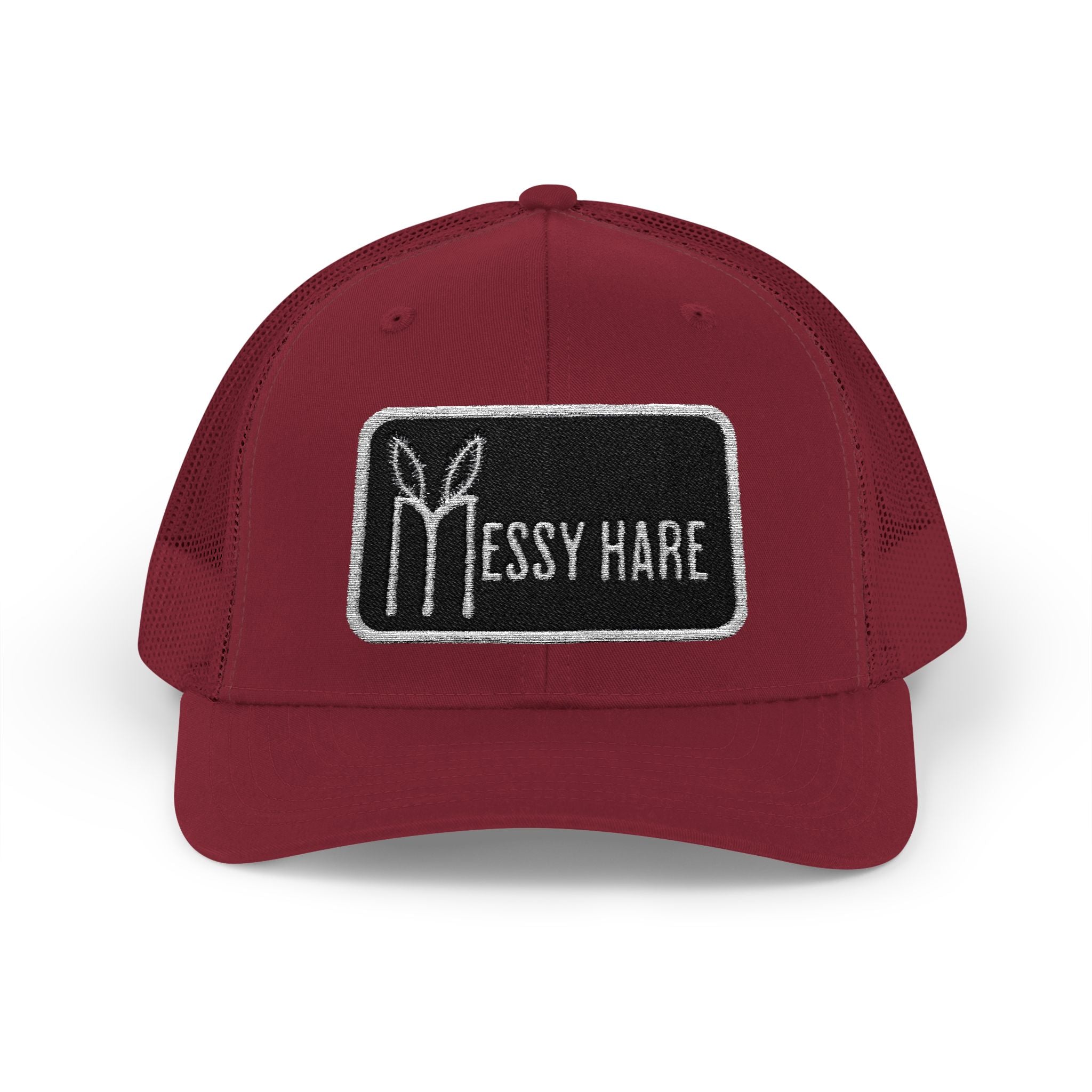 Red cap with 'Messy Hare' logo on a white background
