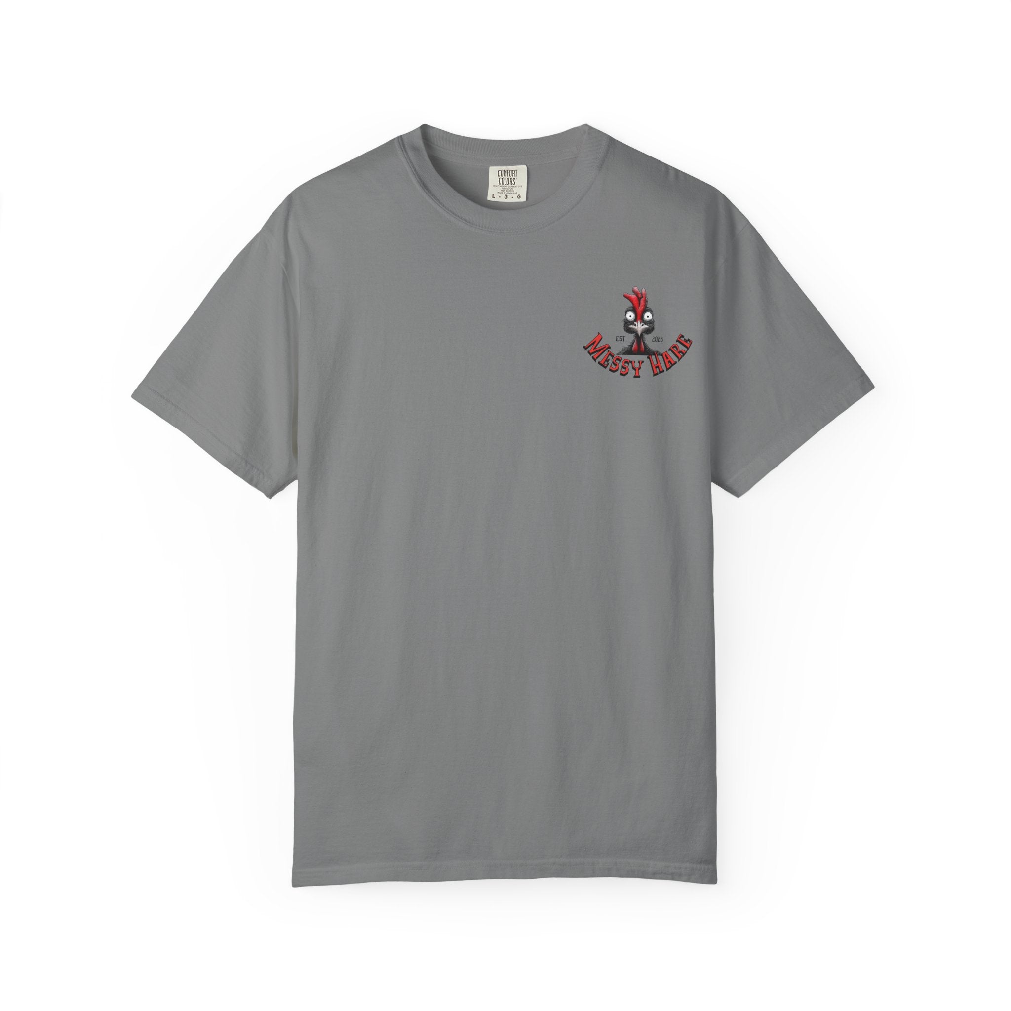 Gray t-shirt with a logo on the chest against a white background