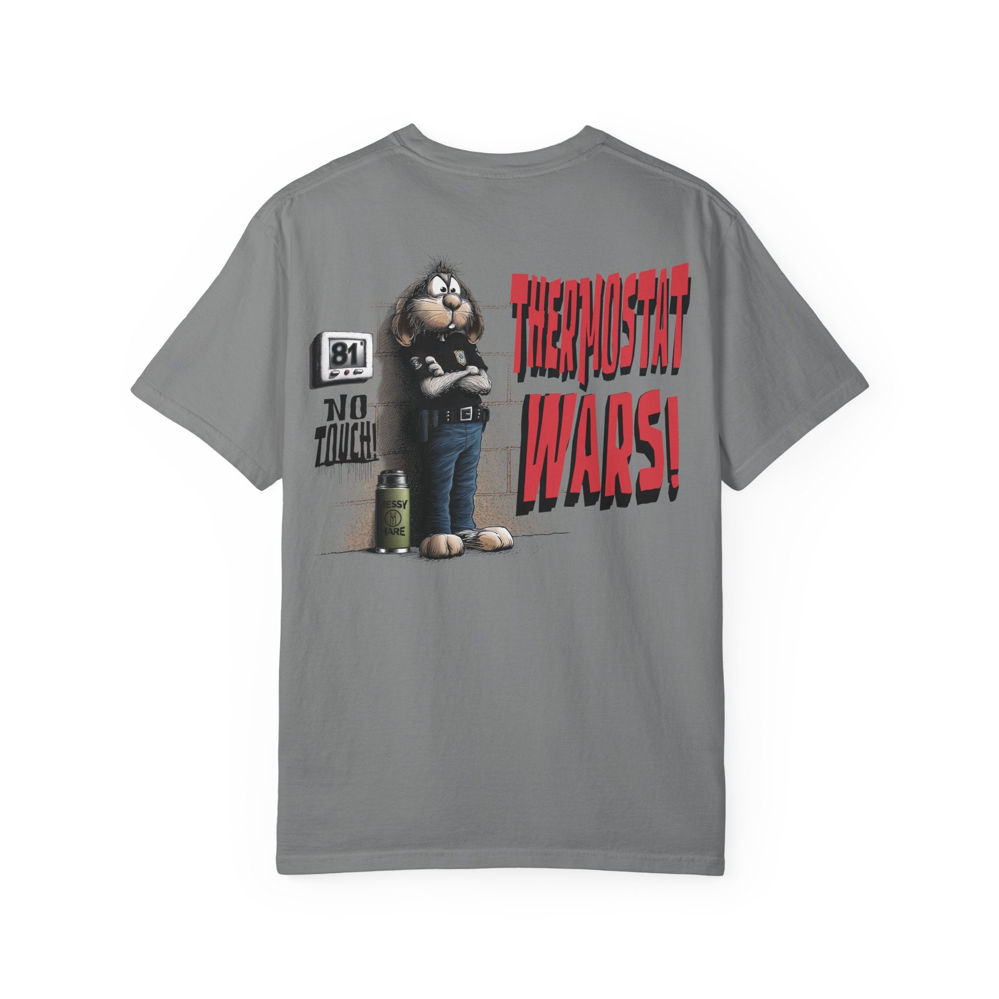 Gray t-shirt with a graphic design on the back featuring a cartoon character and text.