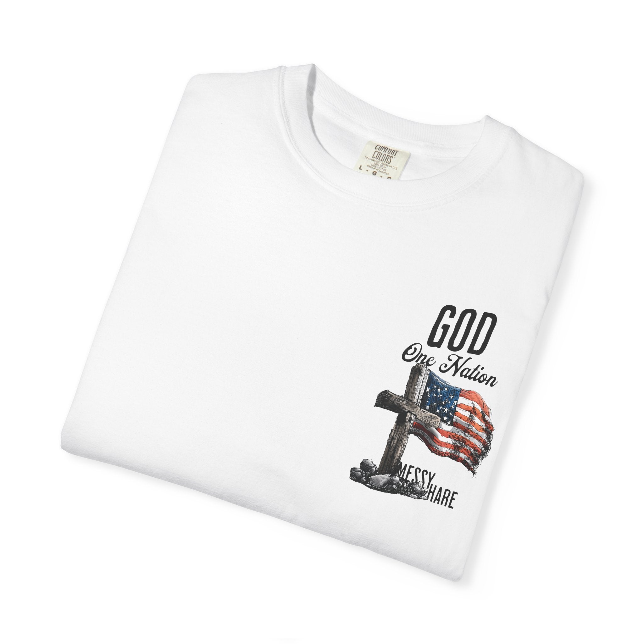 White t-shirt with graphic design and text on a white background