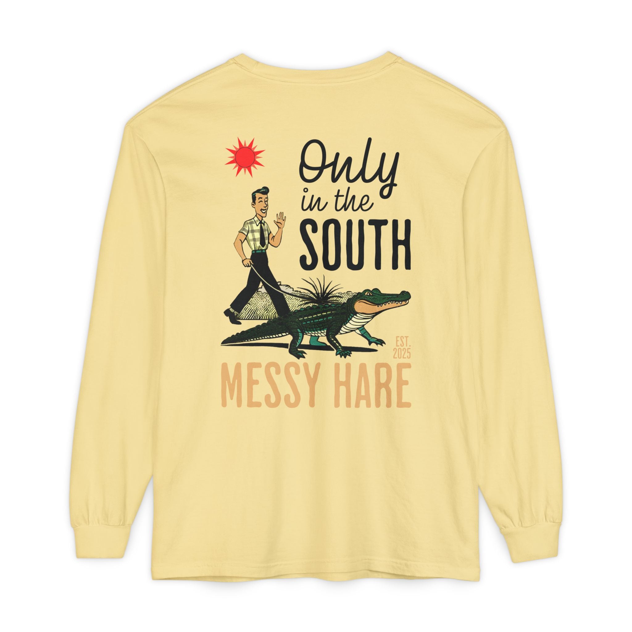 Yellow long-sleeve shirt with graphic design and text on a white background