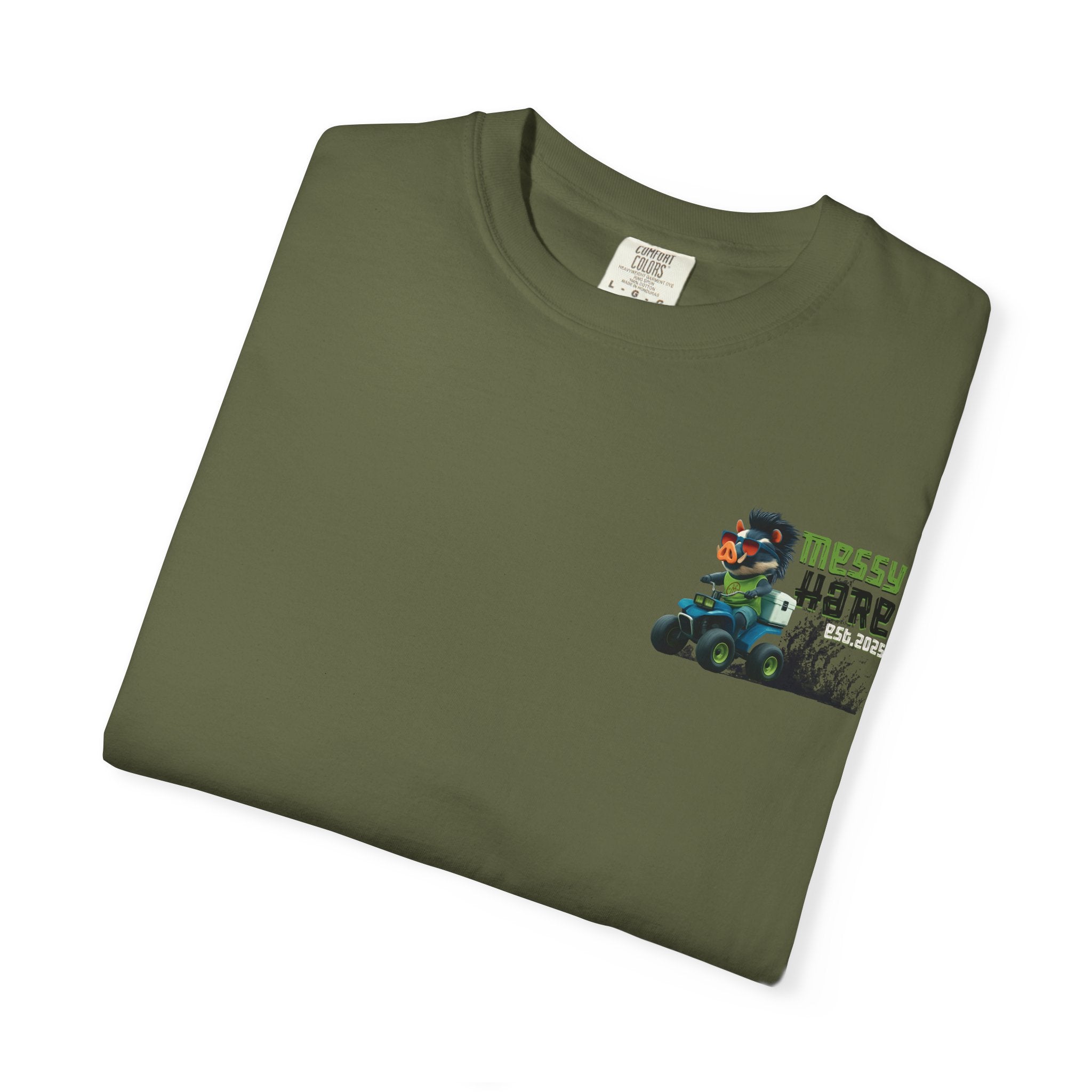 Folded green t-shirt with a graphic design on a white background