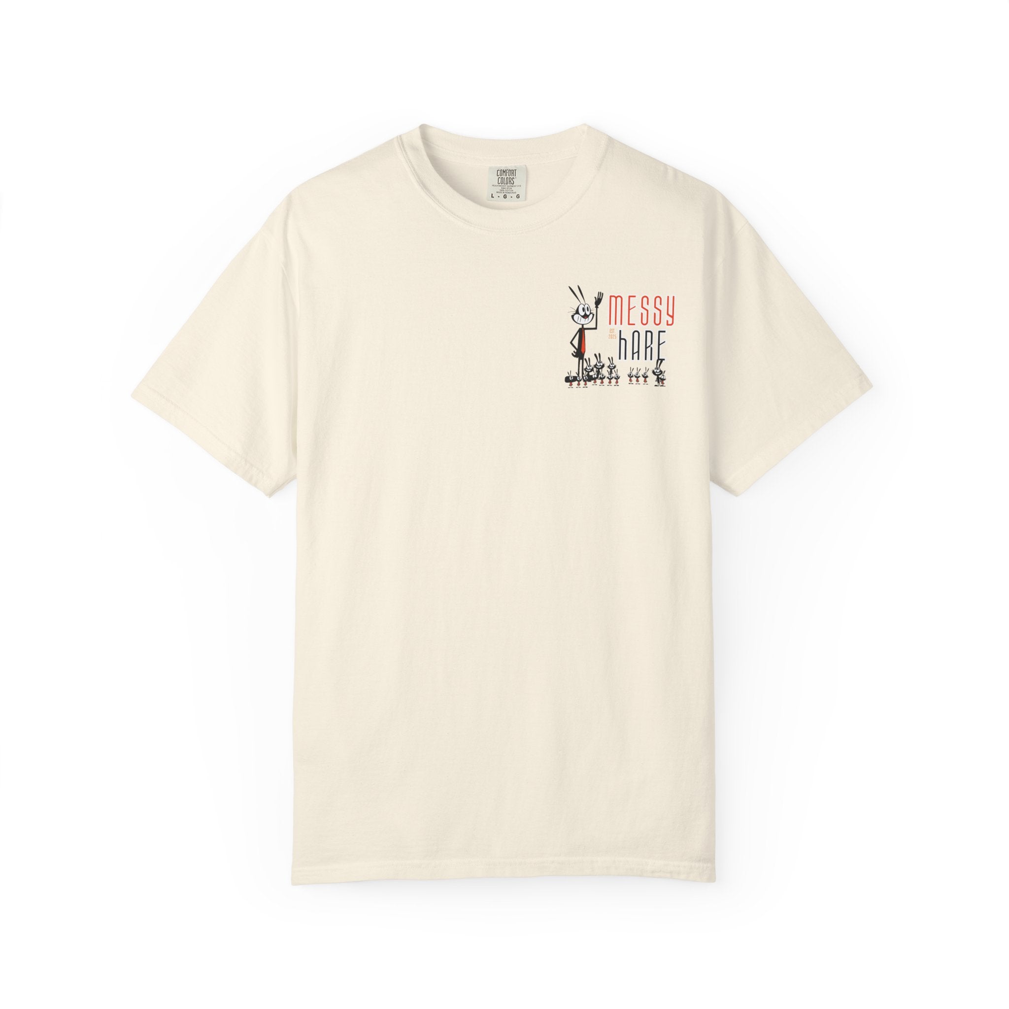 Beige t-shirt with a graphic design on a white background