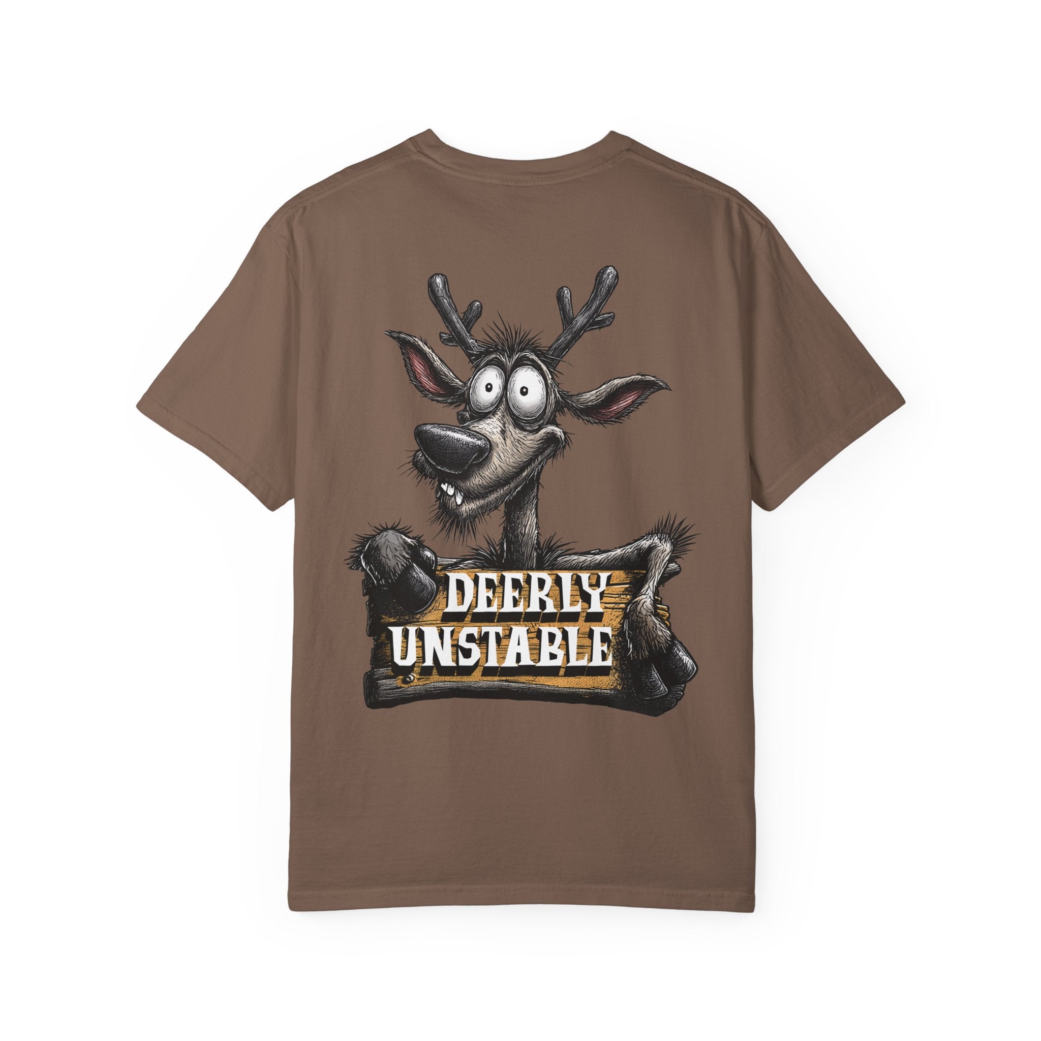 Brown t-shirt with a cartoon reindeer and 'Deerly Unstable' text on a white background