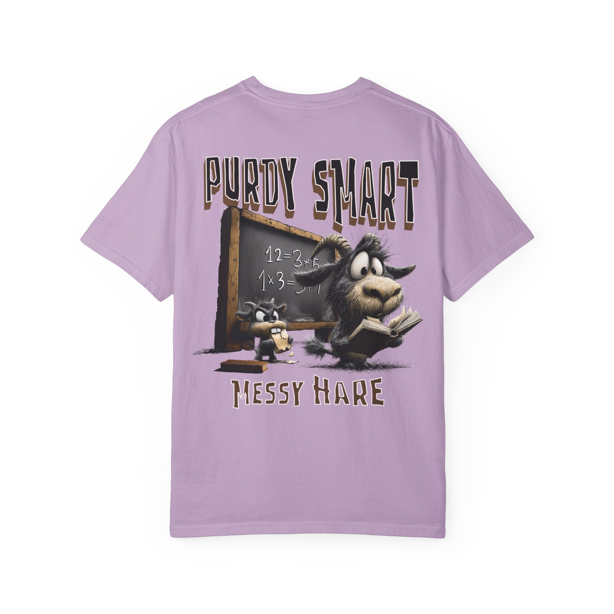 Purple t-shirt with cartoon character and text on a white background