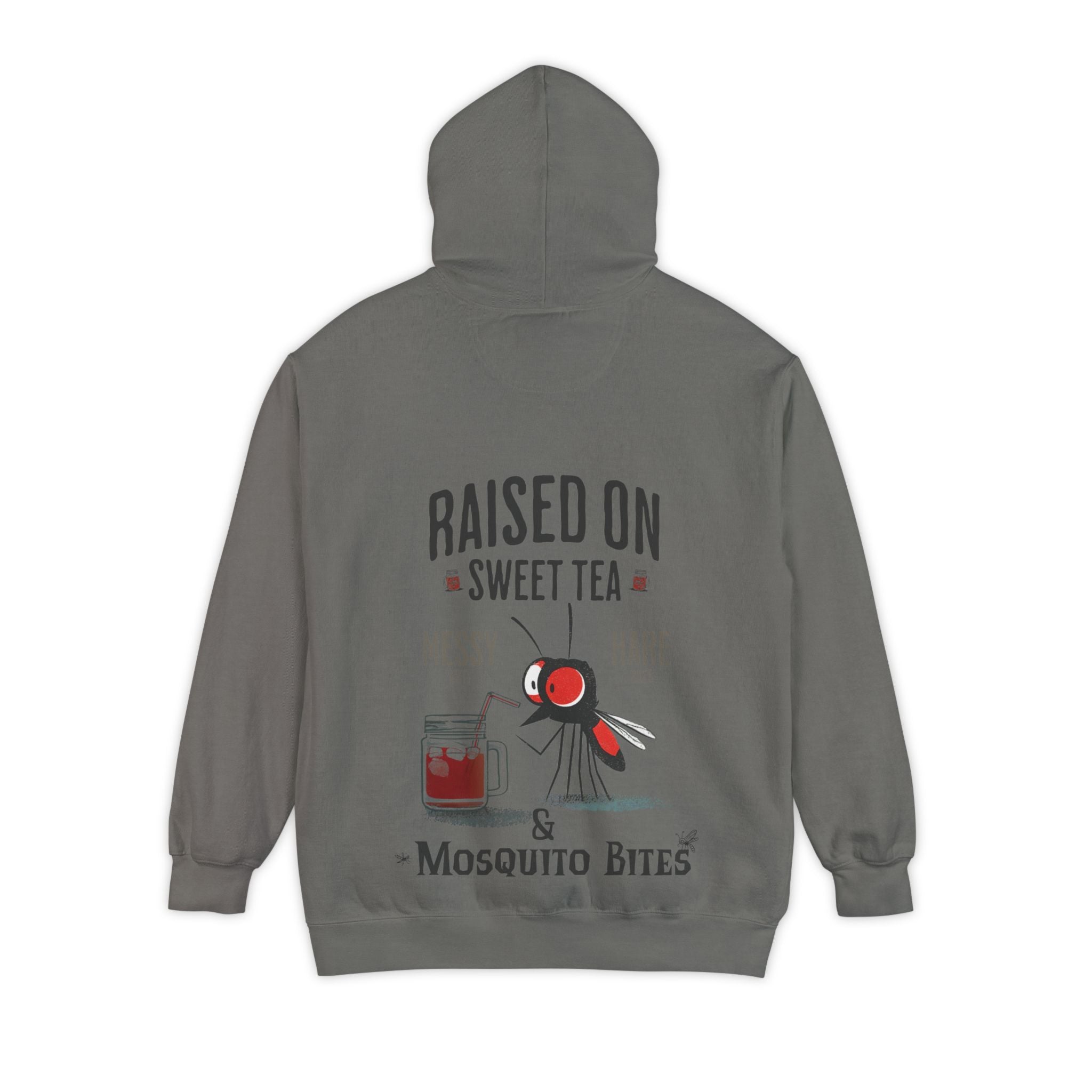 Gray hoodie with text and graphic on the back, displayed on a white background