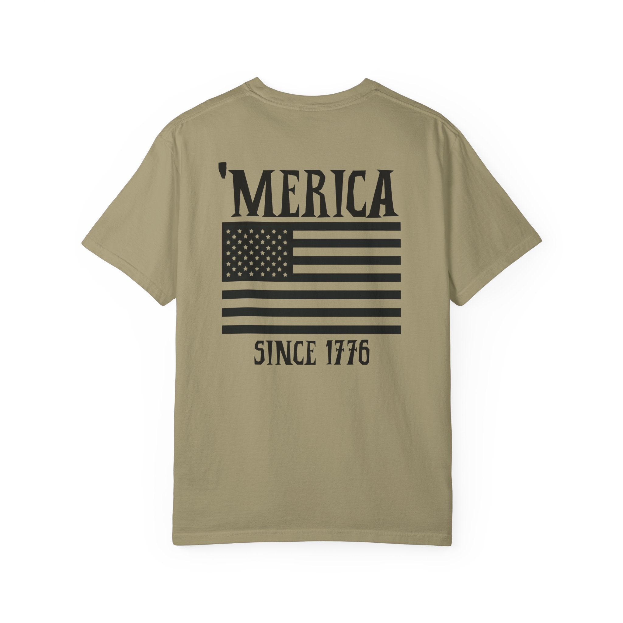 Khaki t-shirt with 'Merica since 1776' text and American flag design on a white background