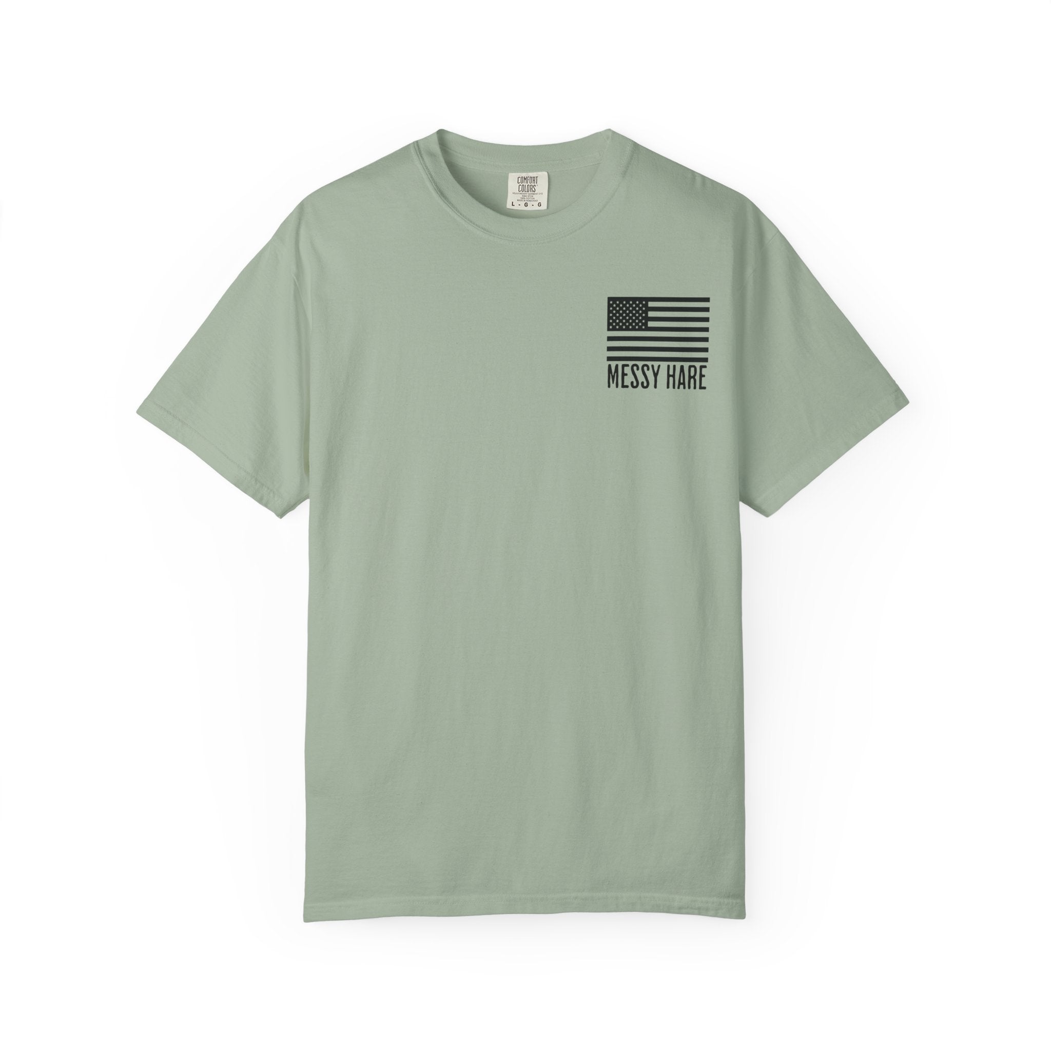 Mint green t-shirt with American flag design and 'Messy Hare' text on a white background