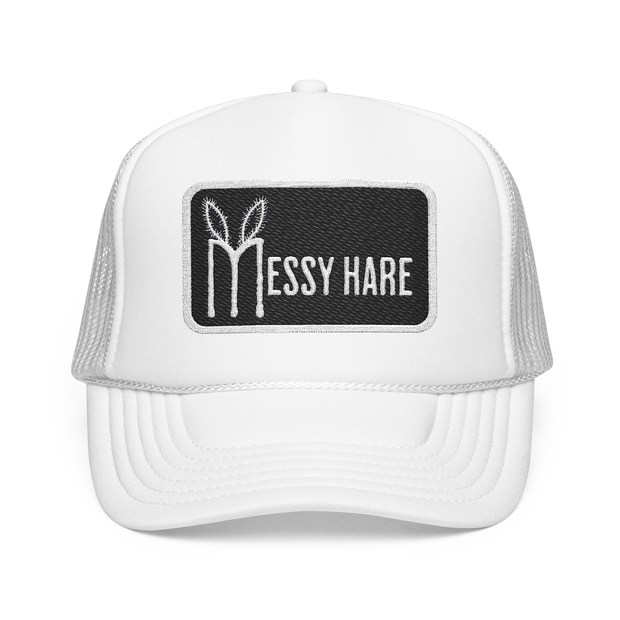 White trucker cap with 'Messy Hare' logo on a white background