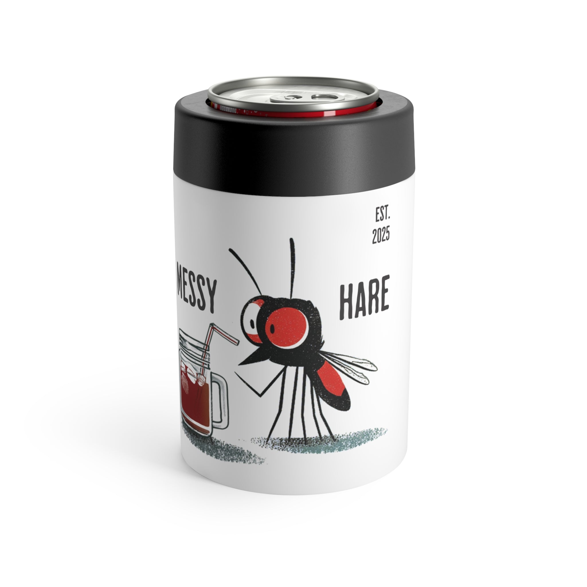 White can cooler with a black lid featuring a cartoon rabbit and text on a white background