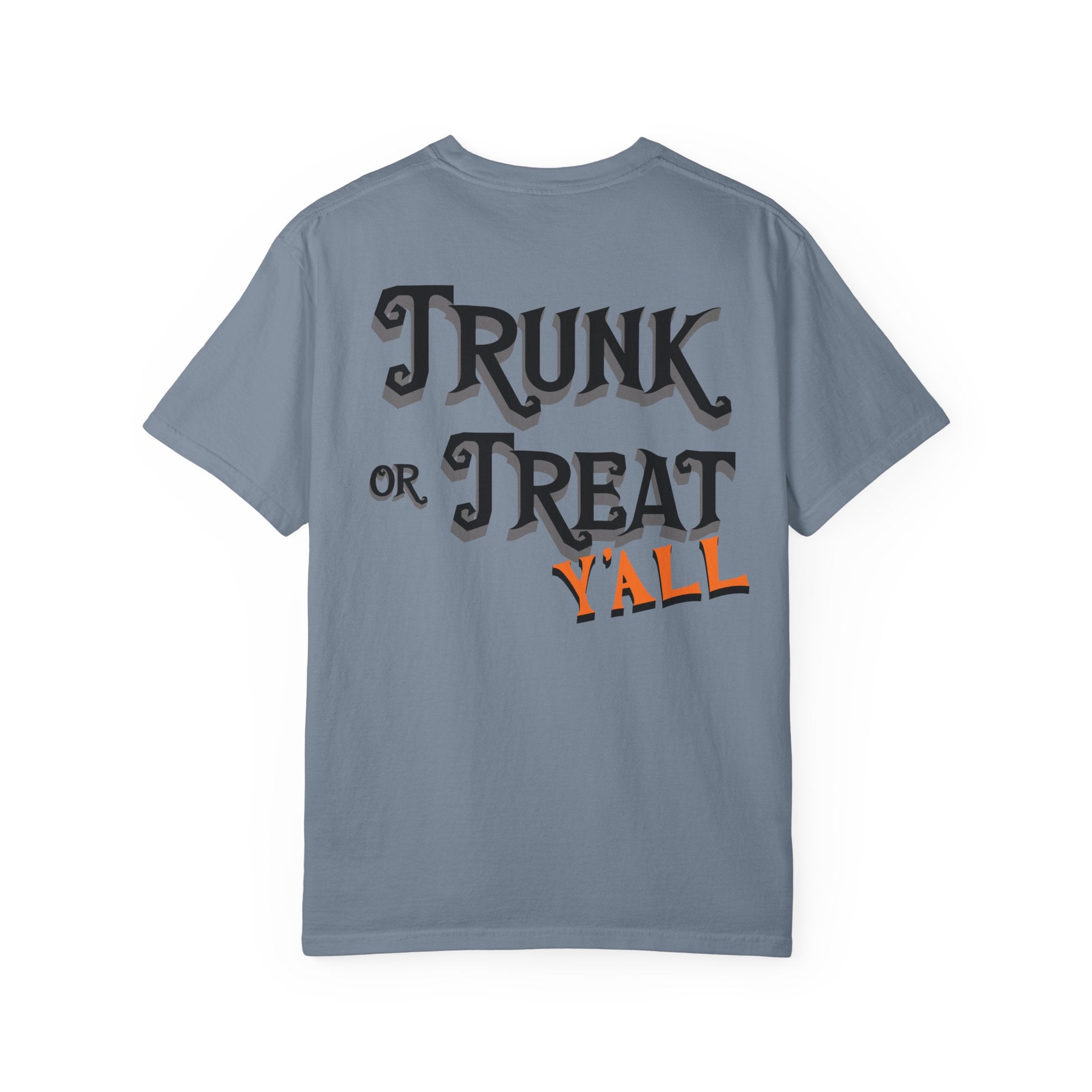 Gray t-shirt with 'Trunk or Treat Y'all' text on a white background