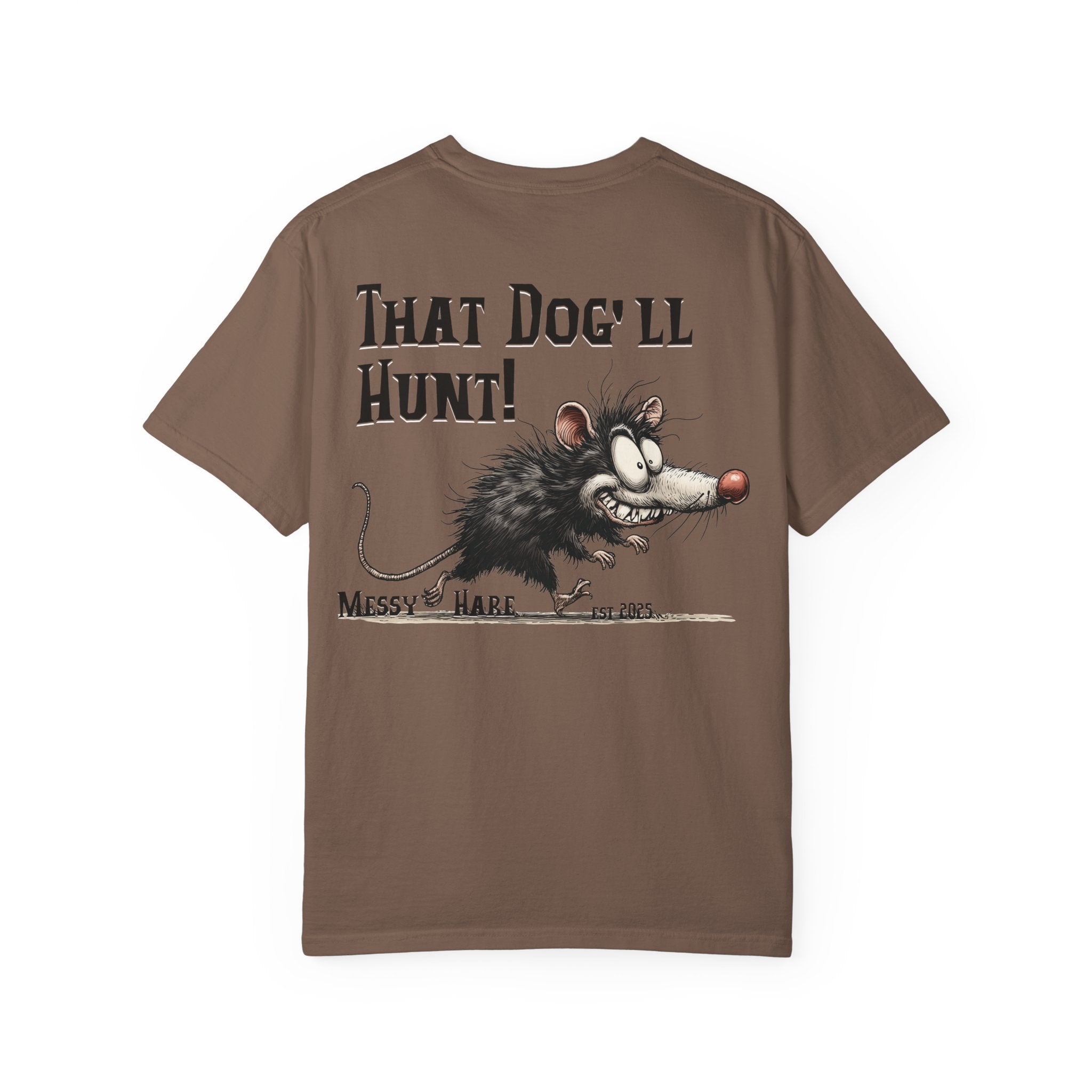 Brown t-shirt with a cartoon opossum and text on a white background