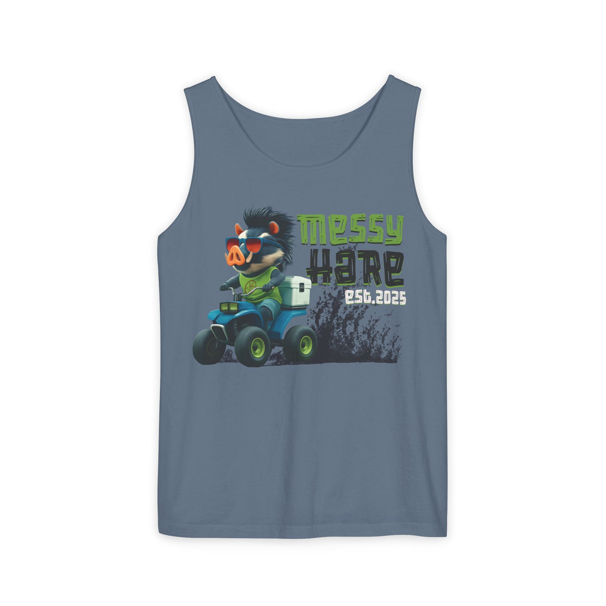 Blue tank top with a graphic of a boar on an ATV and text 'Messy Here est. 2023' on a white background