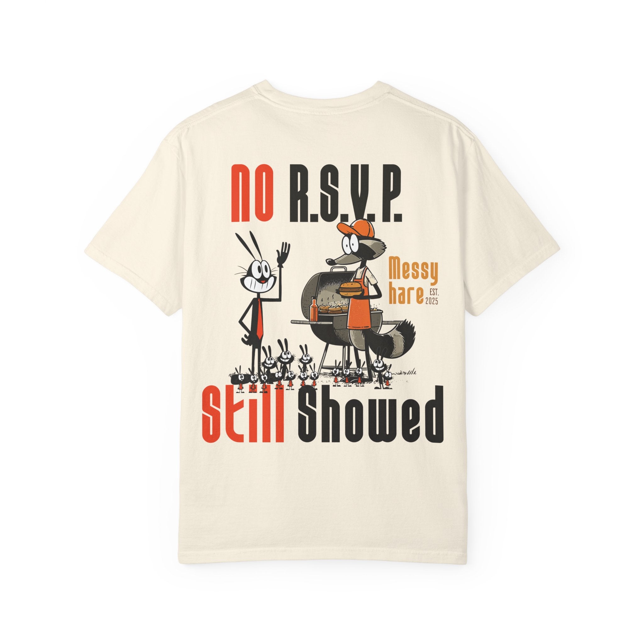 Beige t-shirt with cartoon characters and text on a white background