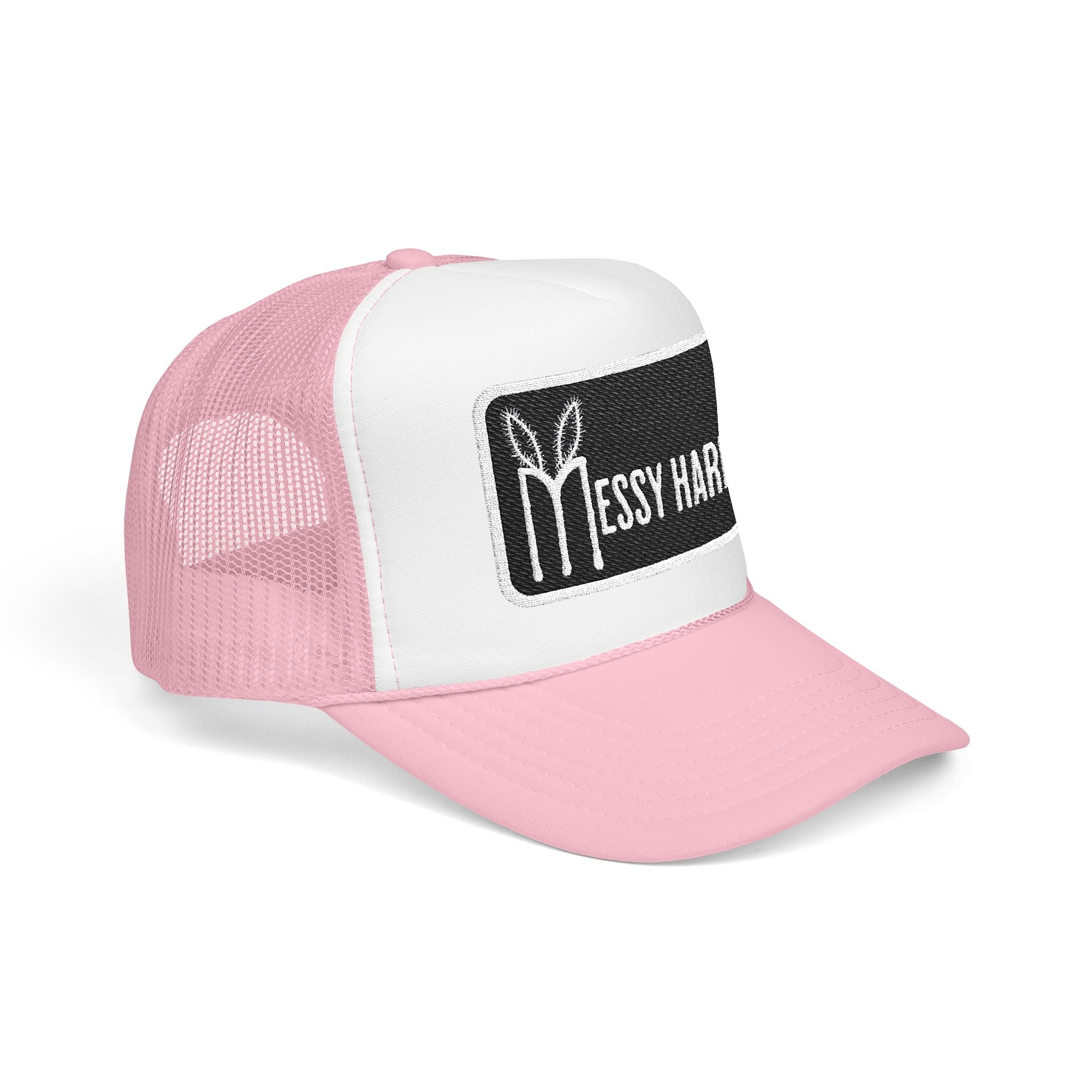 Pink and white cap with 'Messy Hair' logo on a white background