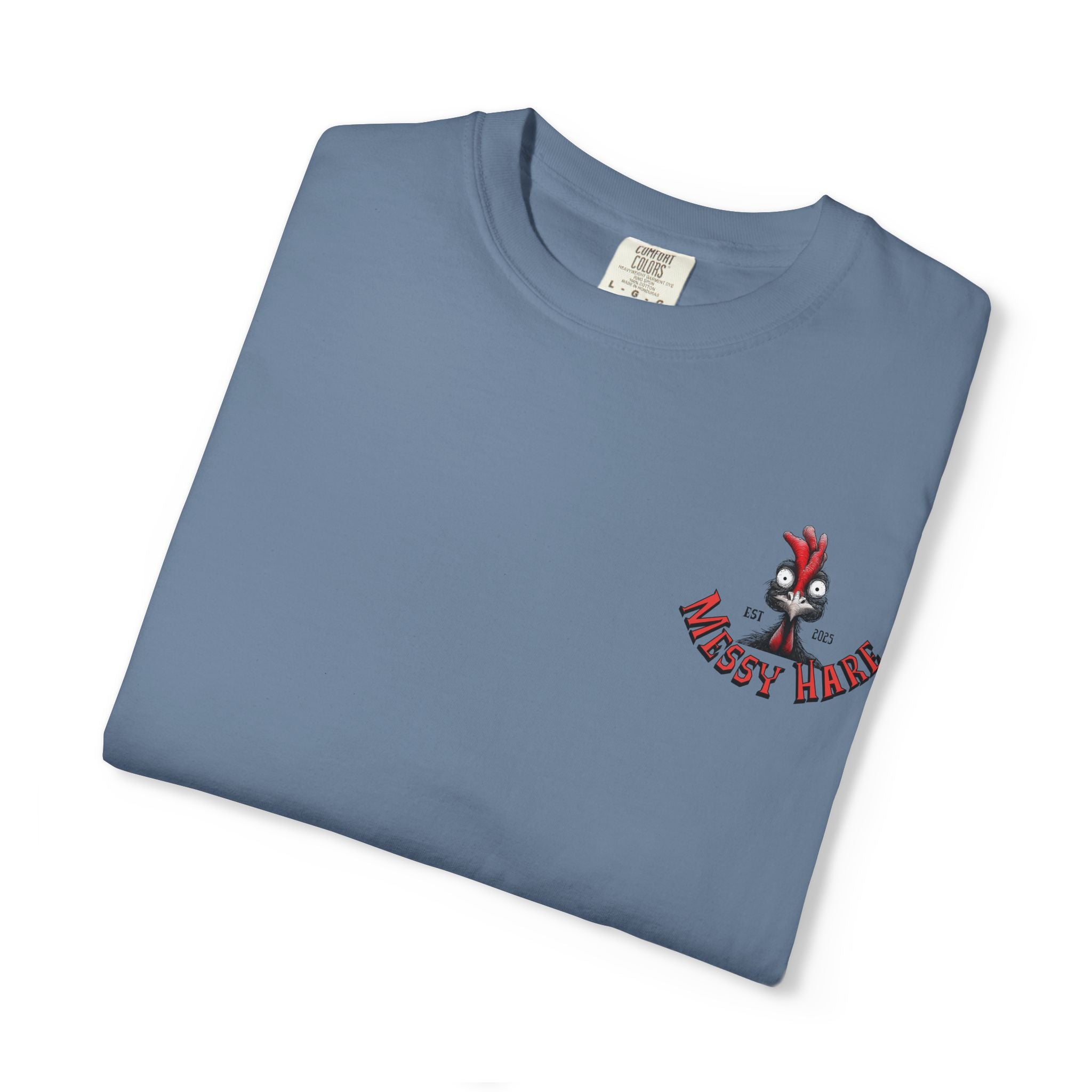 Folded blue t-shirt with a logo on a white background
