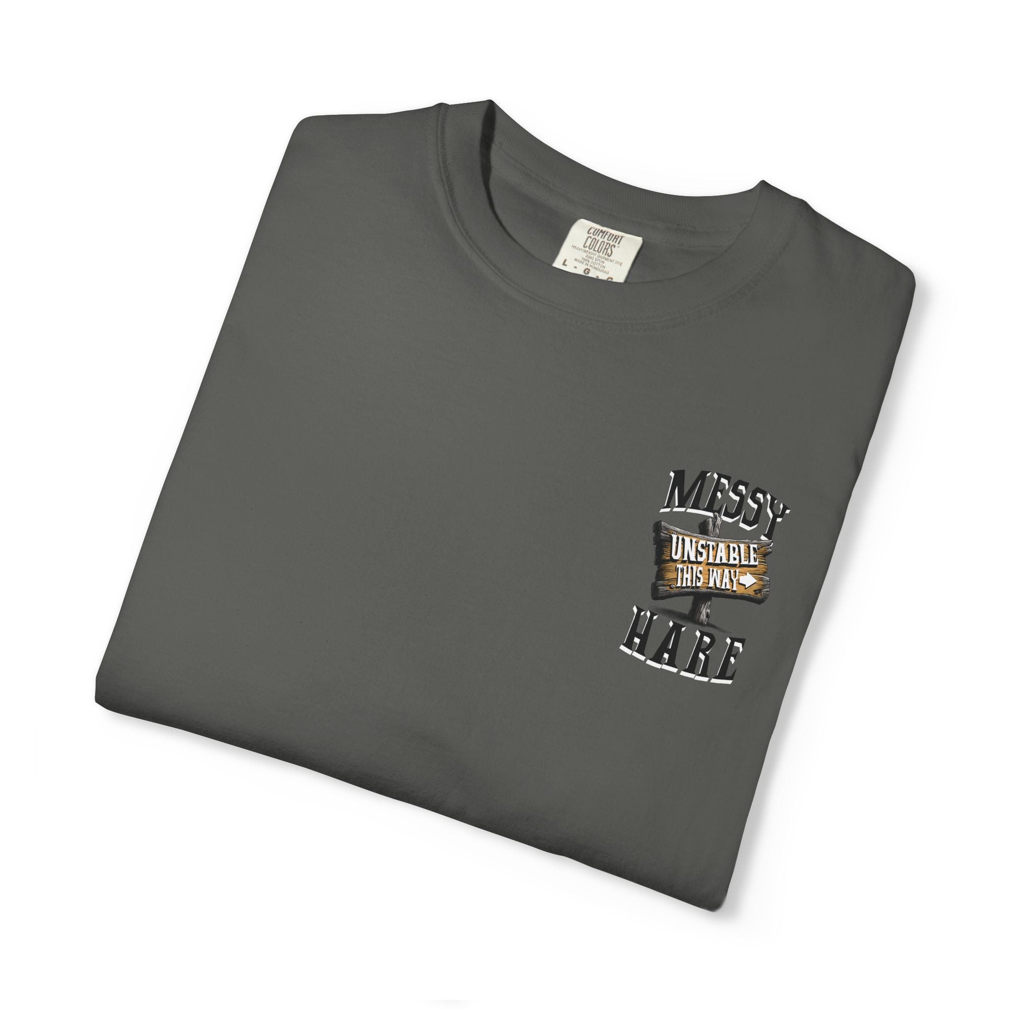 Folded gray t-shirt with text and logo on a white background