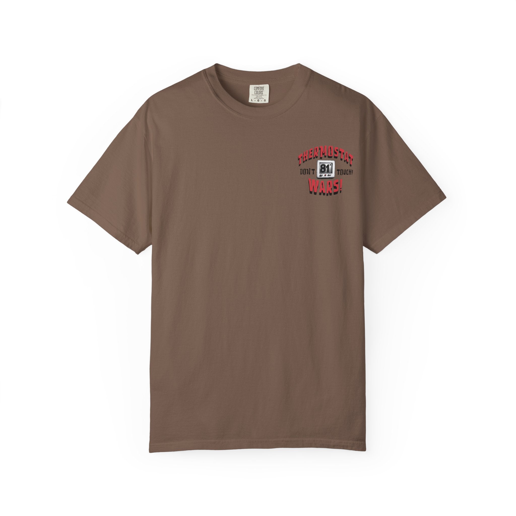 Brown t-shirt with a logo on a white background