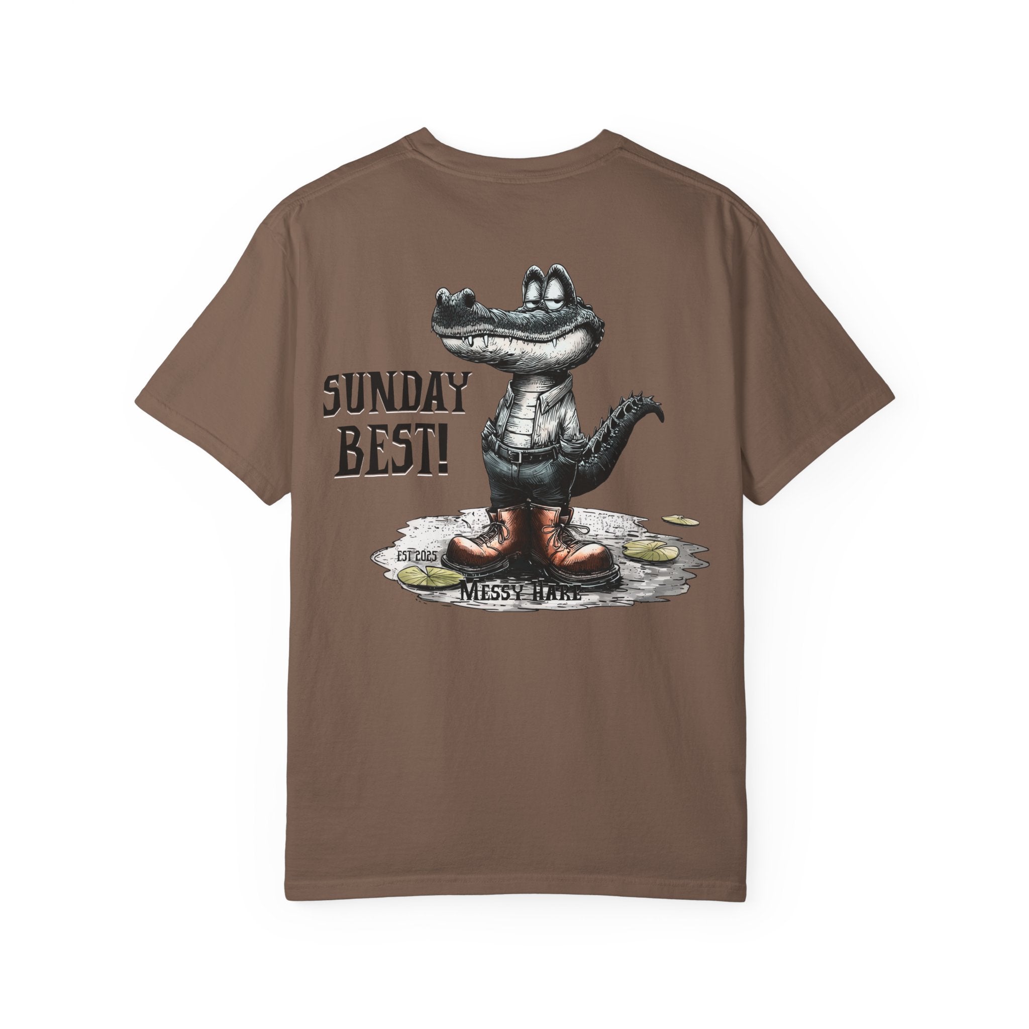Brown t-shirt with alligator graphic and text on a white background