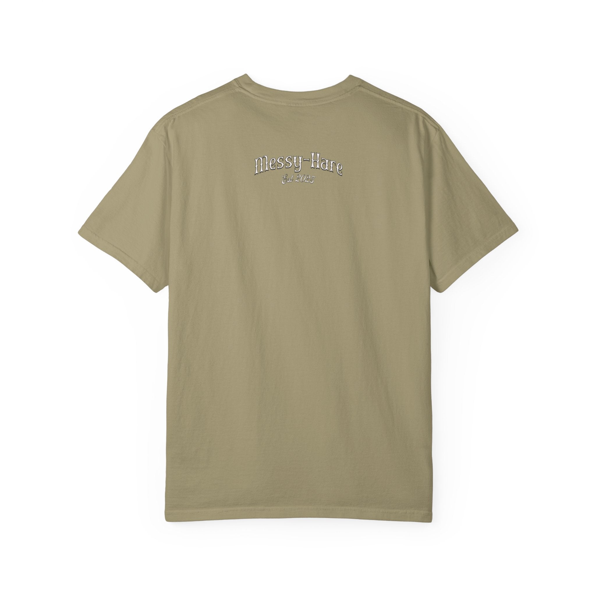 Olive green t-shirt with text on the back against a white background