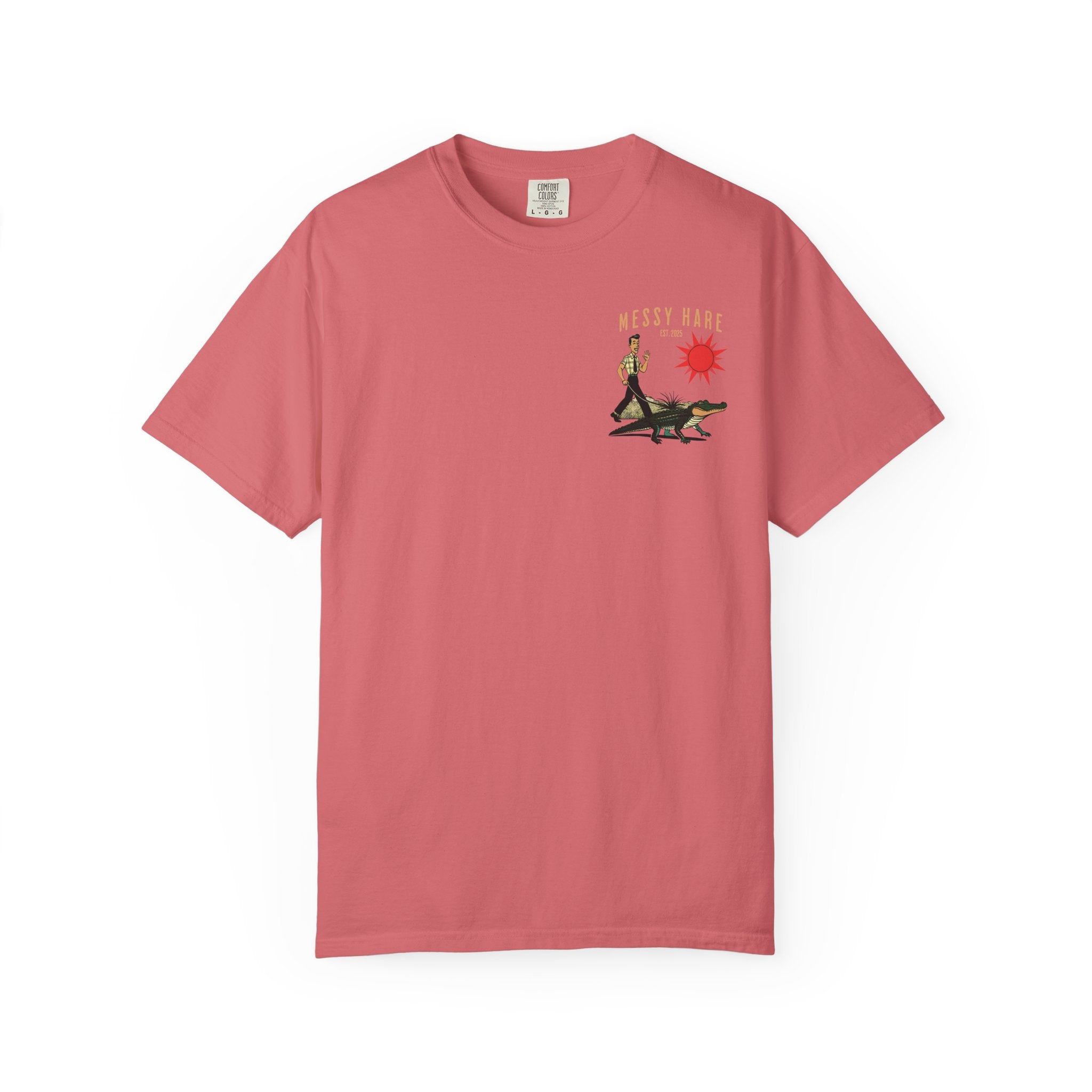 Pink t-shirt with graphic design on a white background
