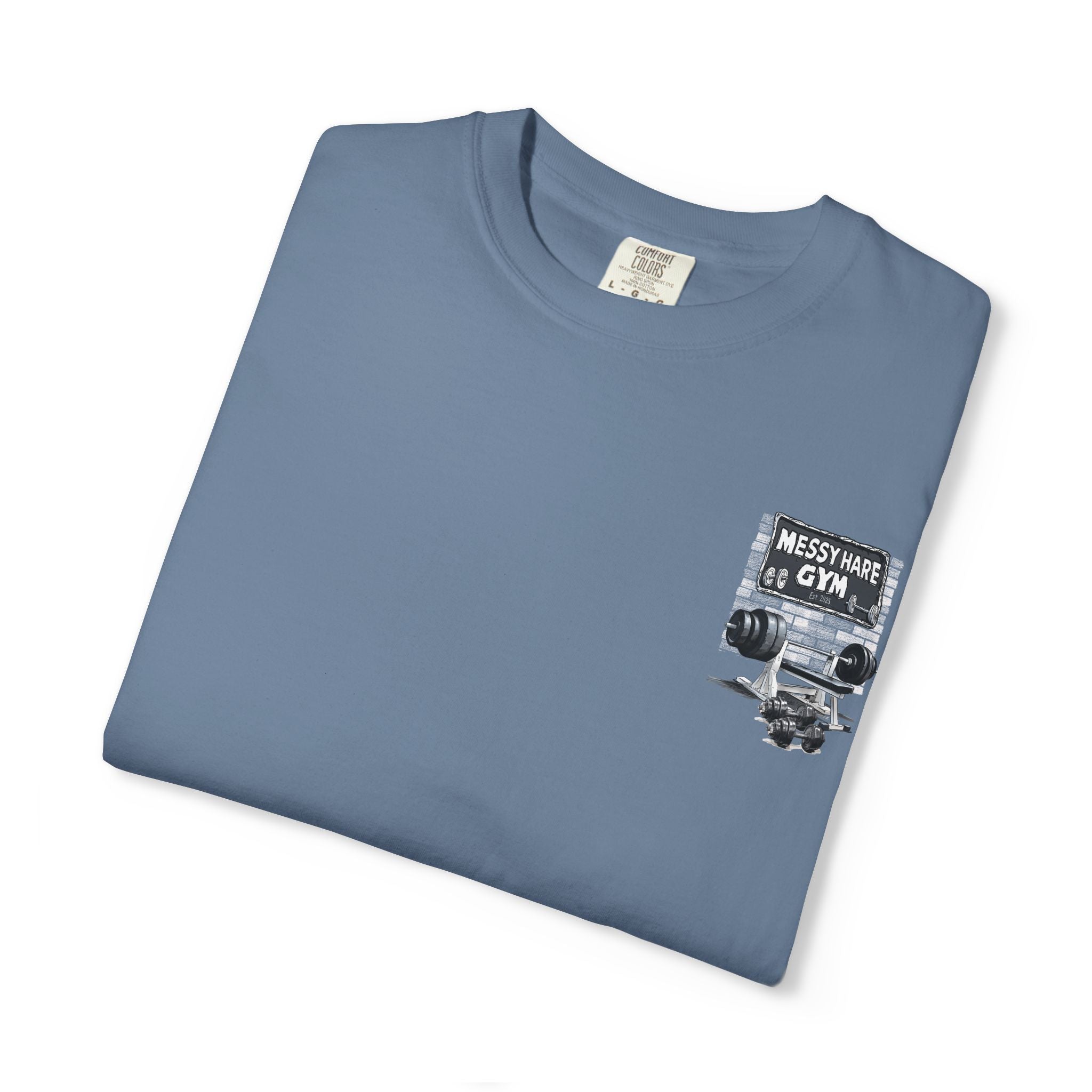 Folded blue t-shirt with graphic design on a white background