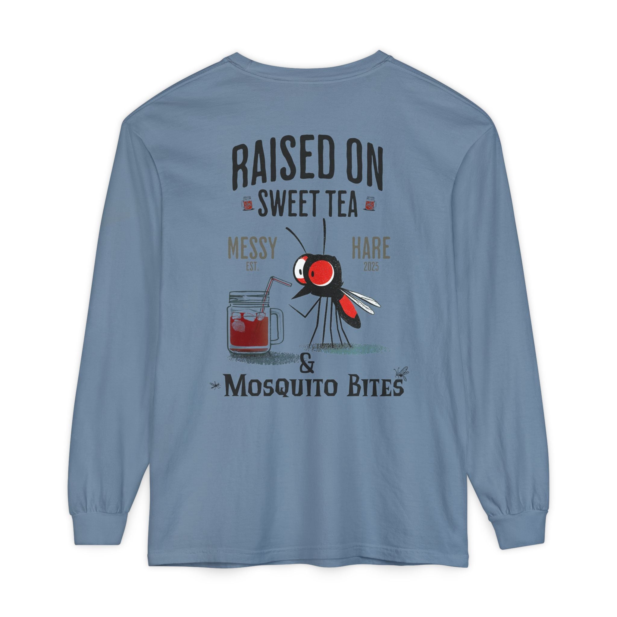 Blue long-sleeve shirt with graphic design and text on a white background