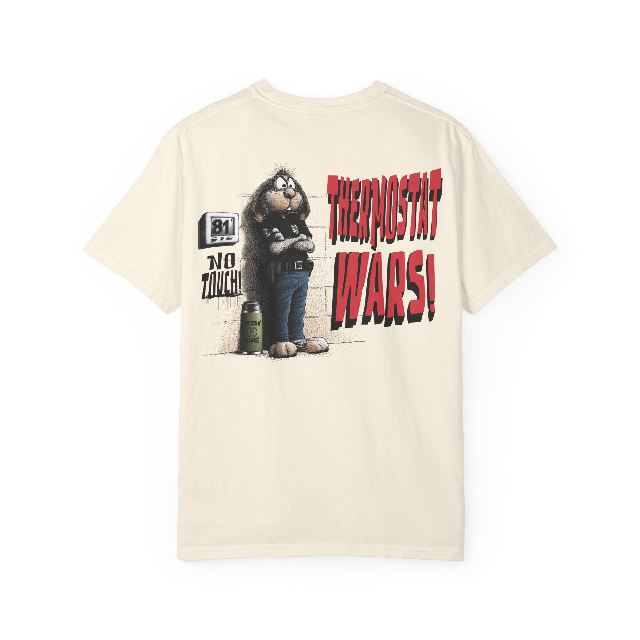 Beige t-shirt with graphic design and text on a white background