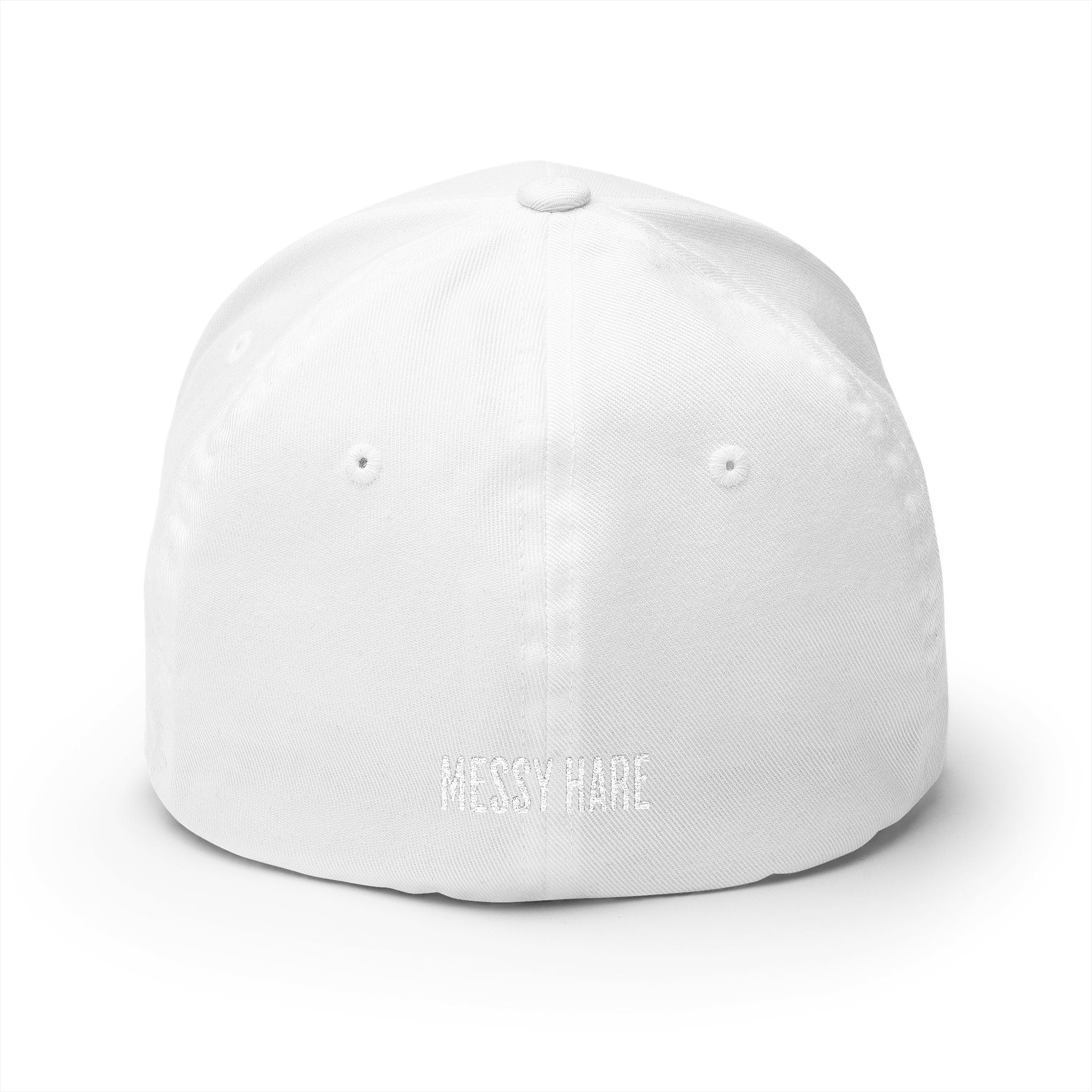 White cap with 'MESSY HAIR' text on a white background