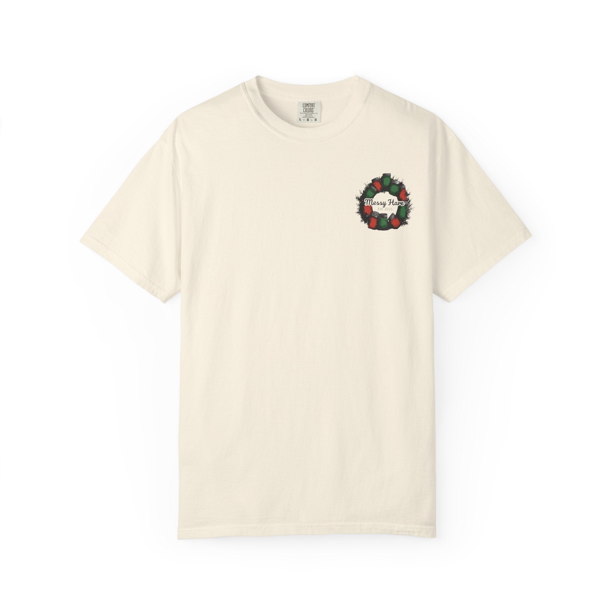 Beige t-shirt with a Christmas wreath design on a white background