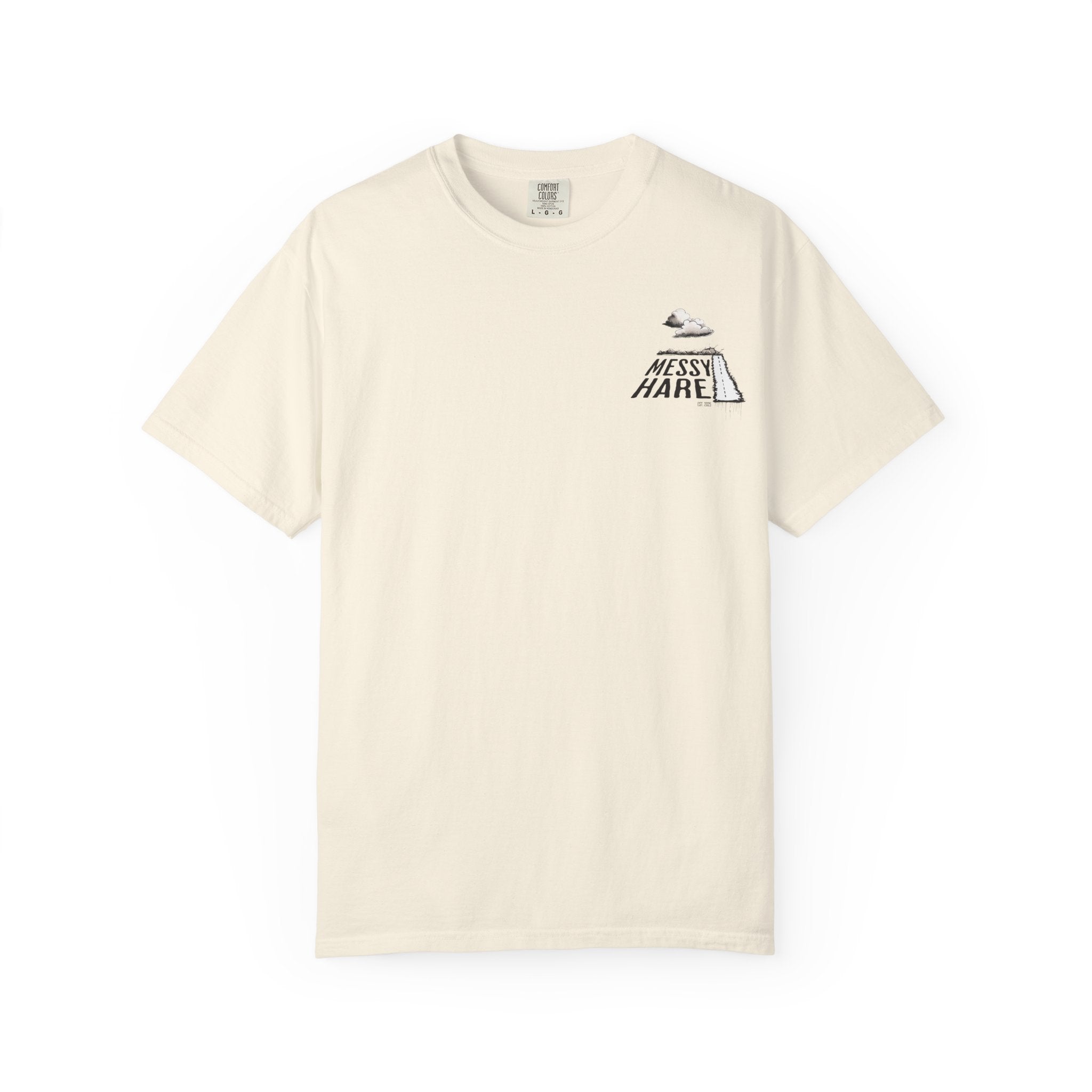Beige t-shirt with a black logo on a white background