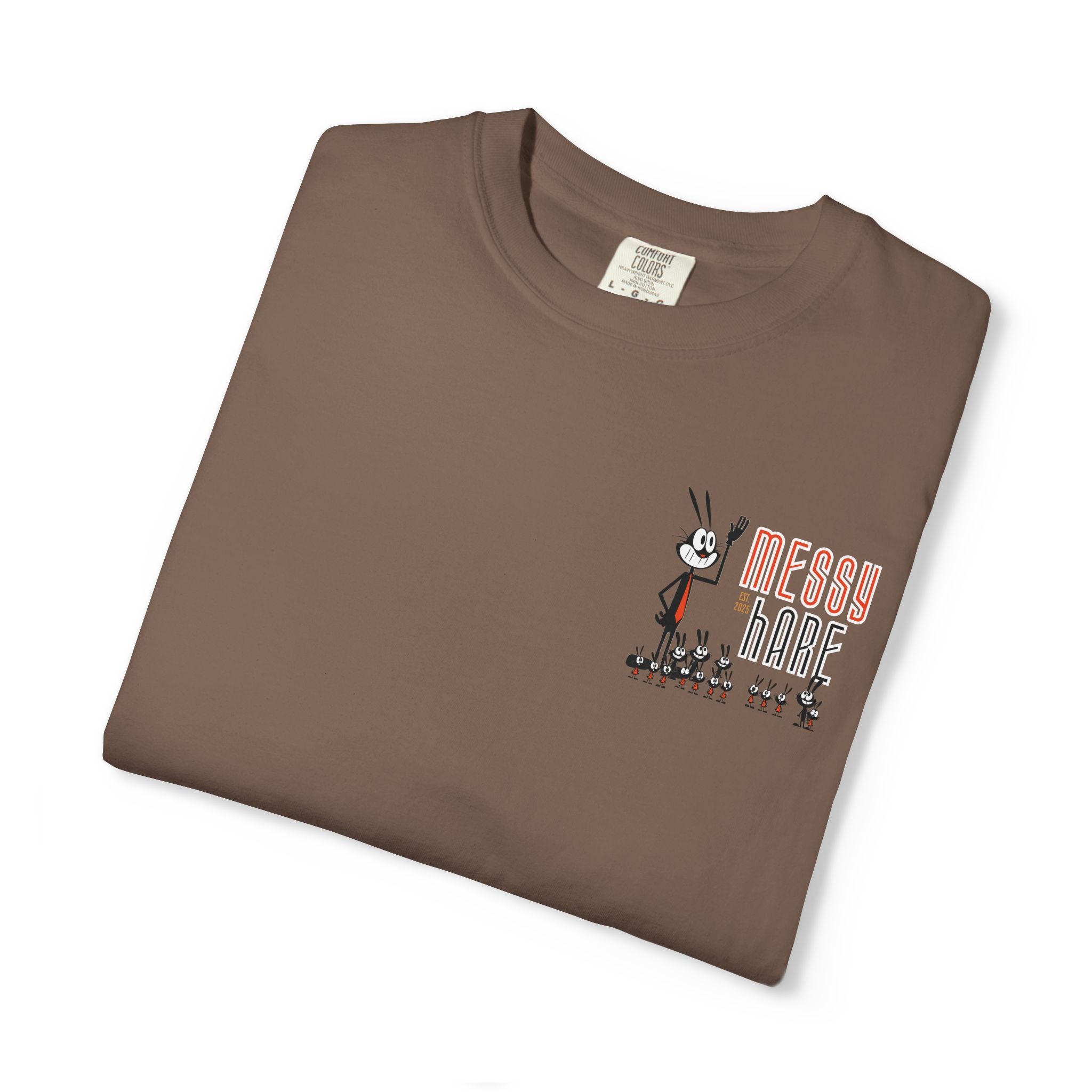 Folded brown t-shirt with 'Messy Hare' graphic on a white background