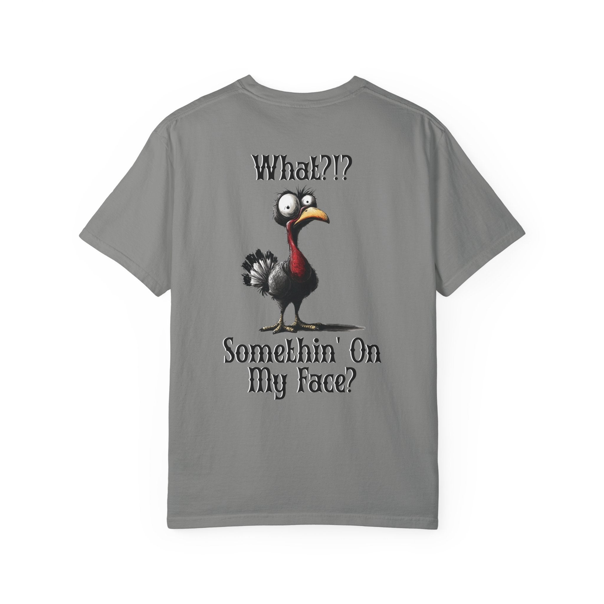 Gray t-shirt with cartoon chicken graphic and text on a white background