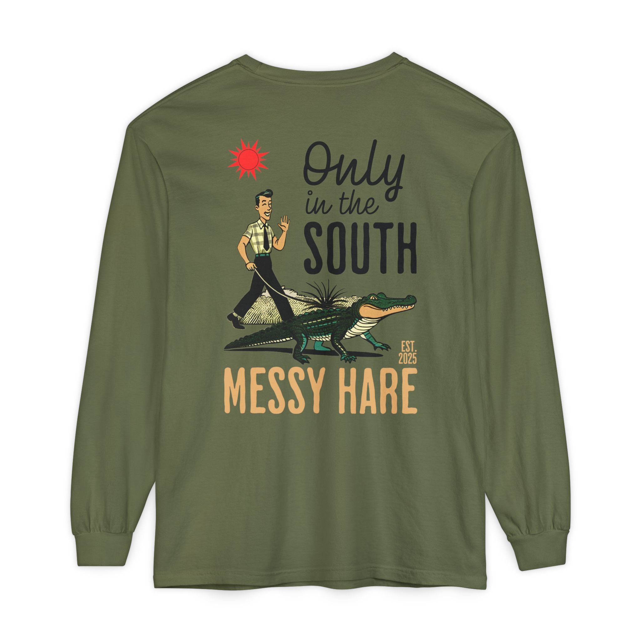 Green long-sleeve shirt with graphic design and text on a white background