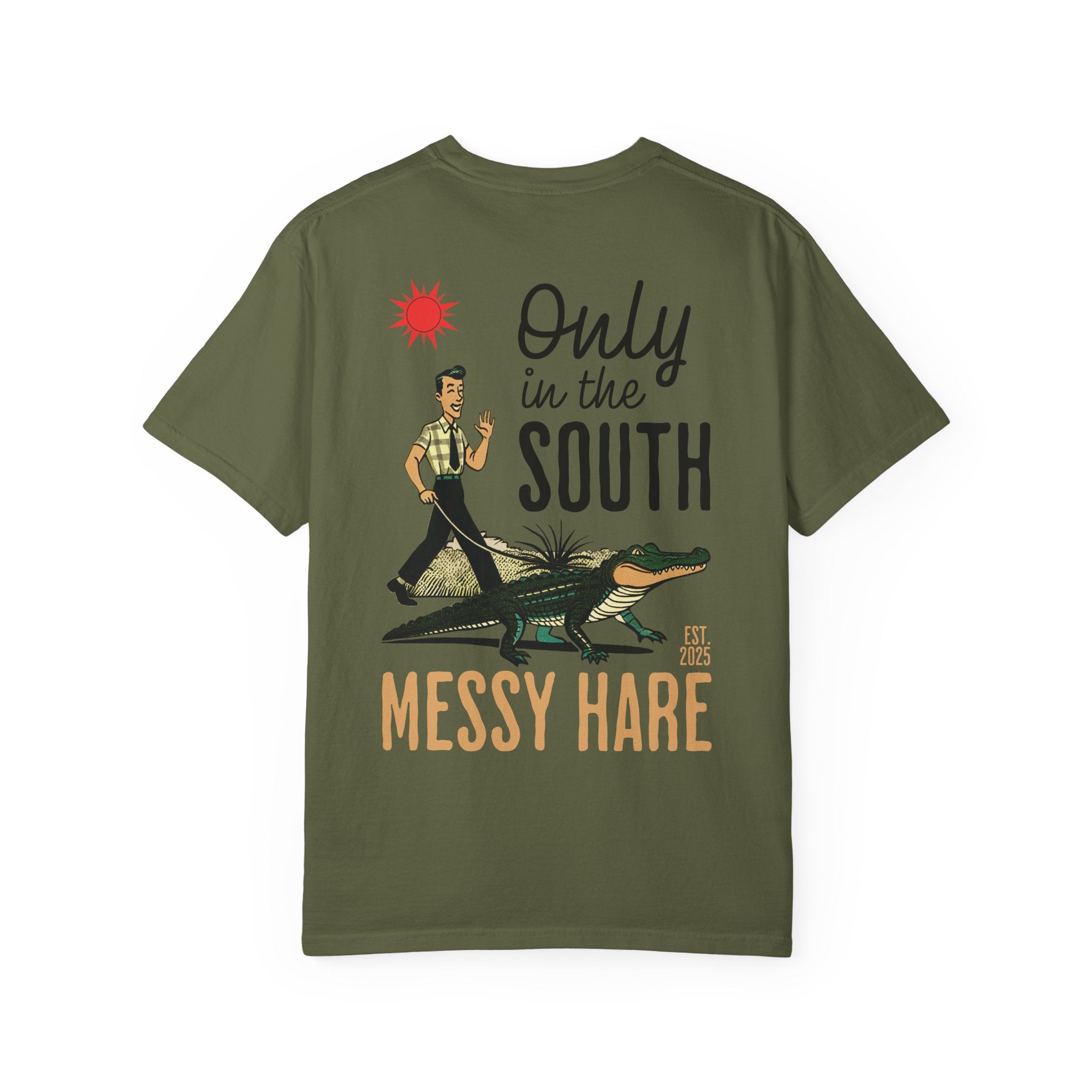 Green t-shirt with graphic design and text on a white background